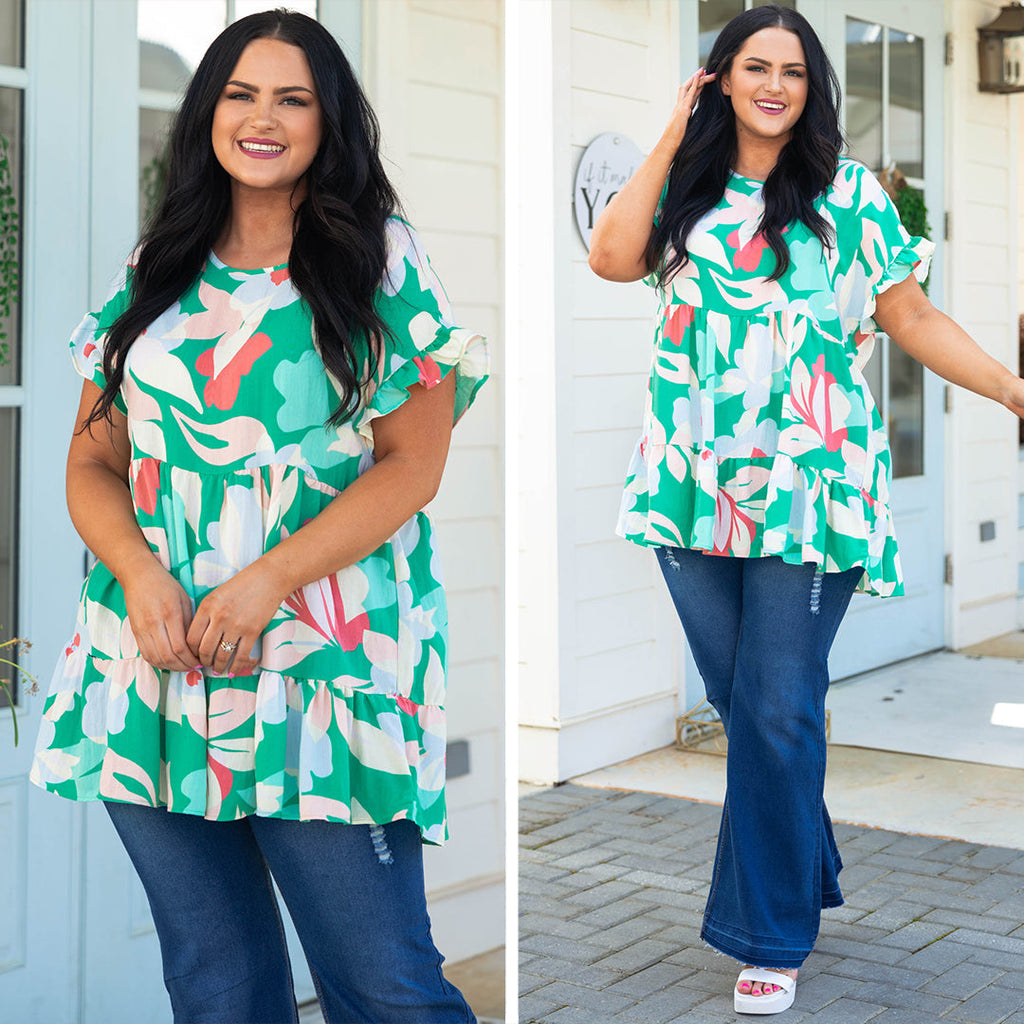 Flowers All Around Top, Turquoise