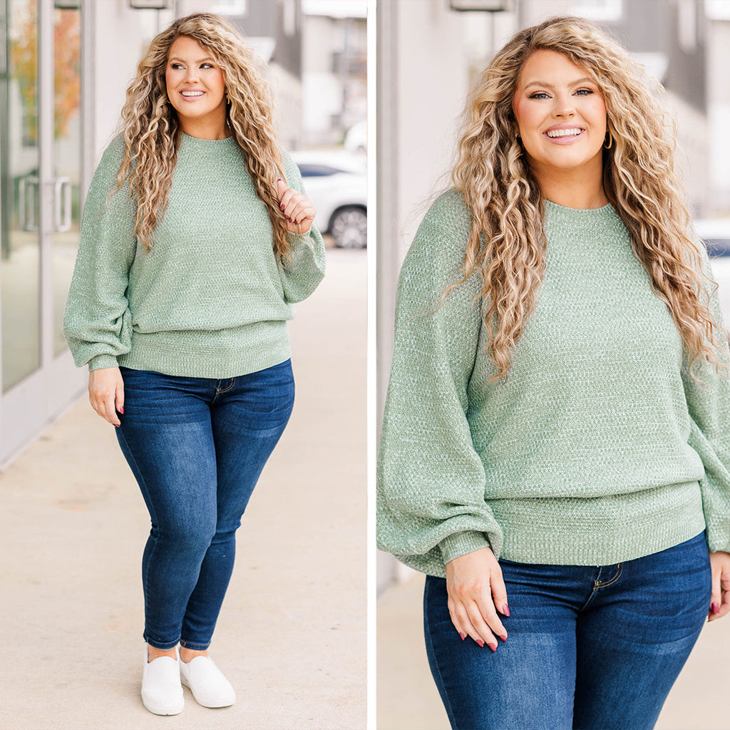 Cozy Bubble Sleeve Sweater, Sage