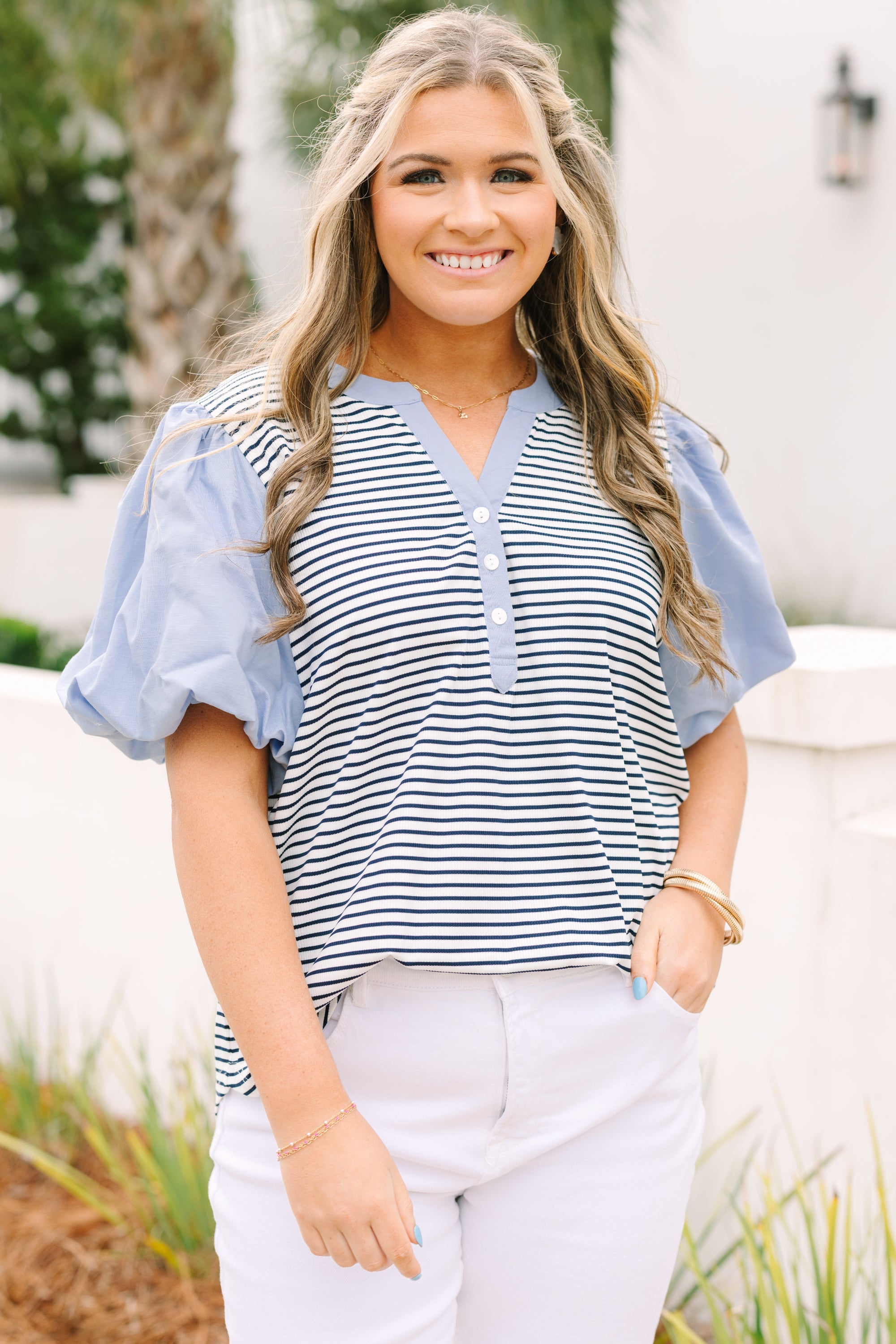 A Glowing Smile Top, Chambray