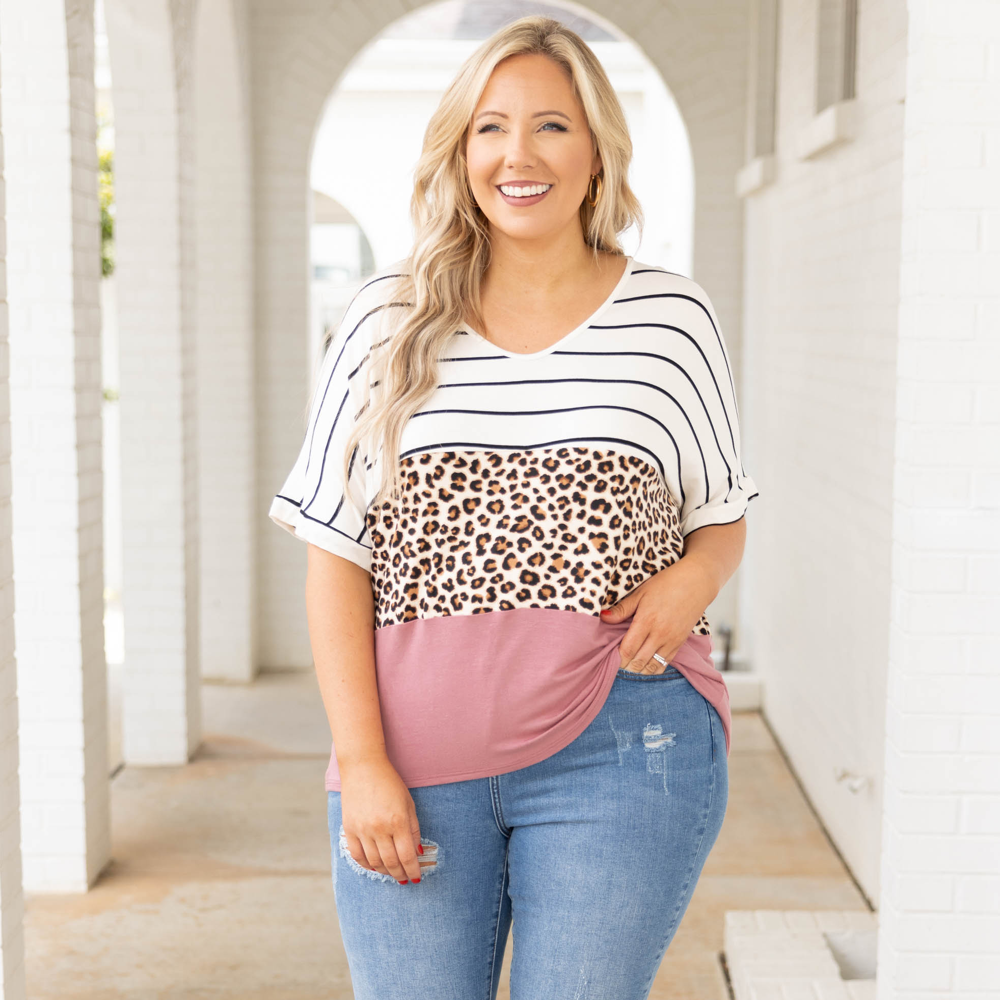 Air Kisses Top, White/Taupe/Blush