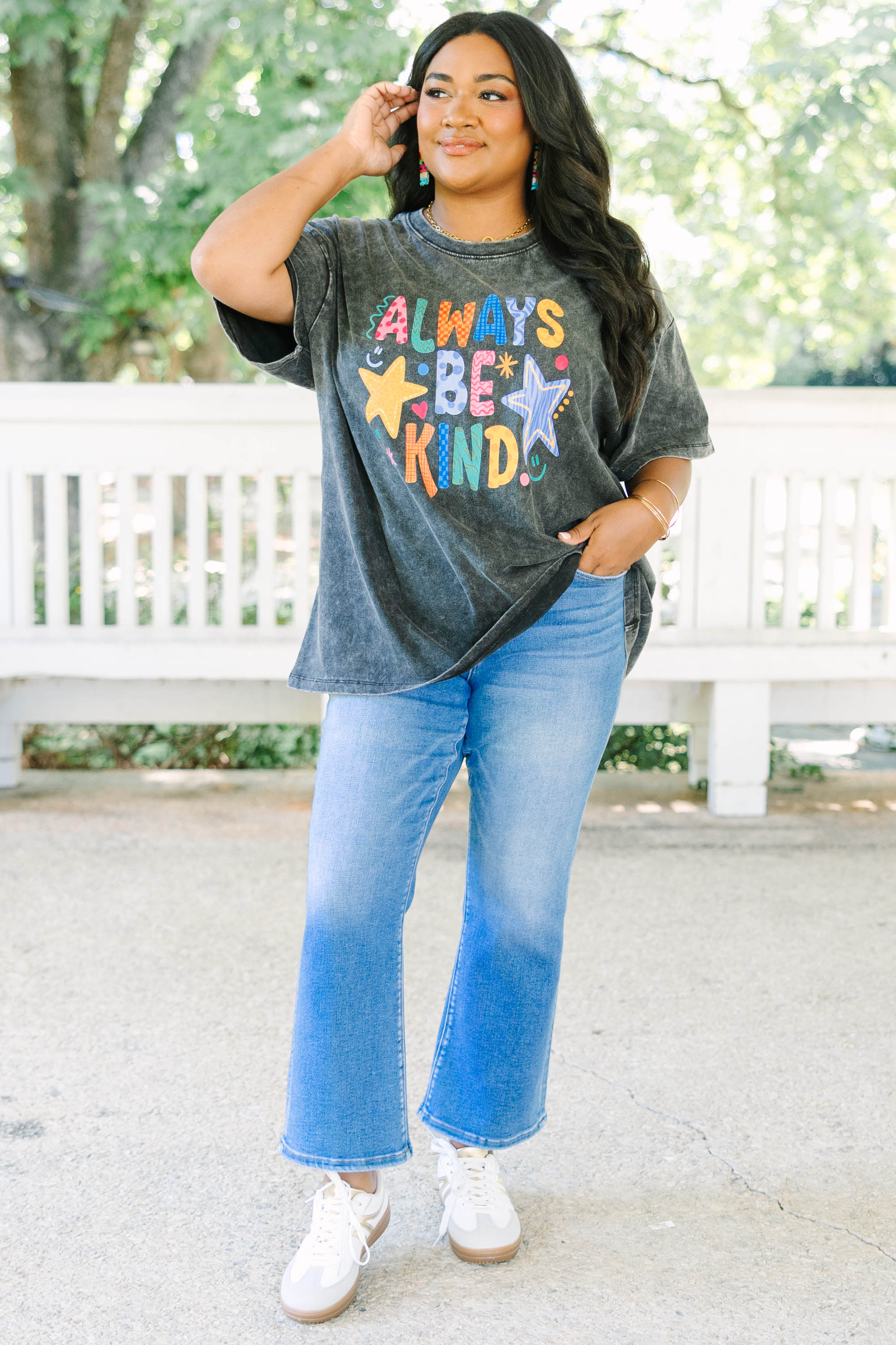 Always Be Kind Acid Wash Relaxed Tee, Black