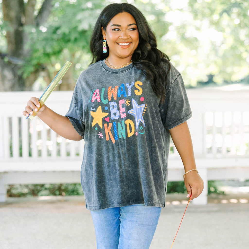 Always Be Kind Acid Wash Relaxed Tee, Black