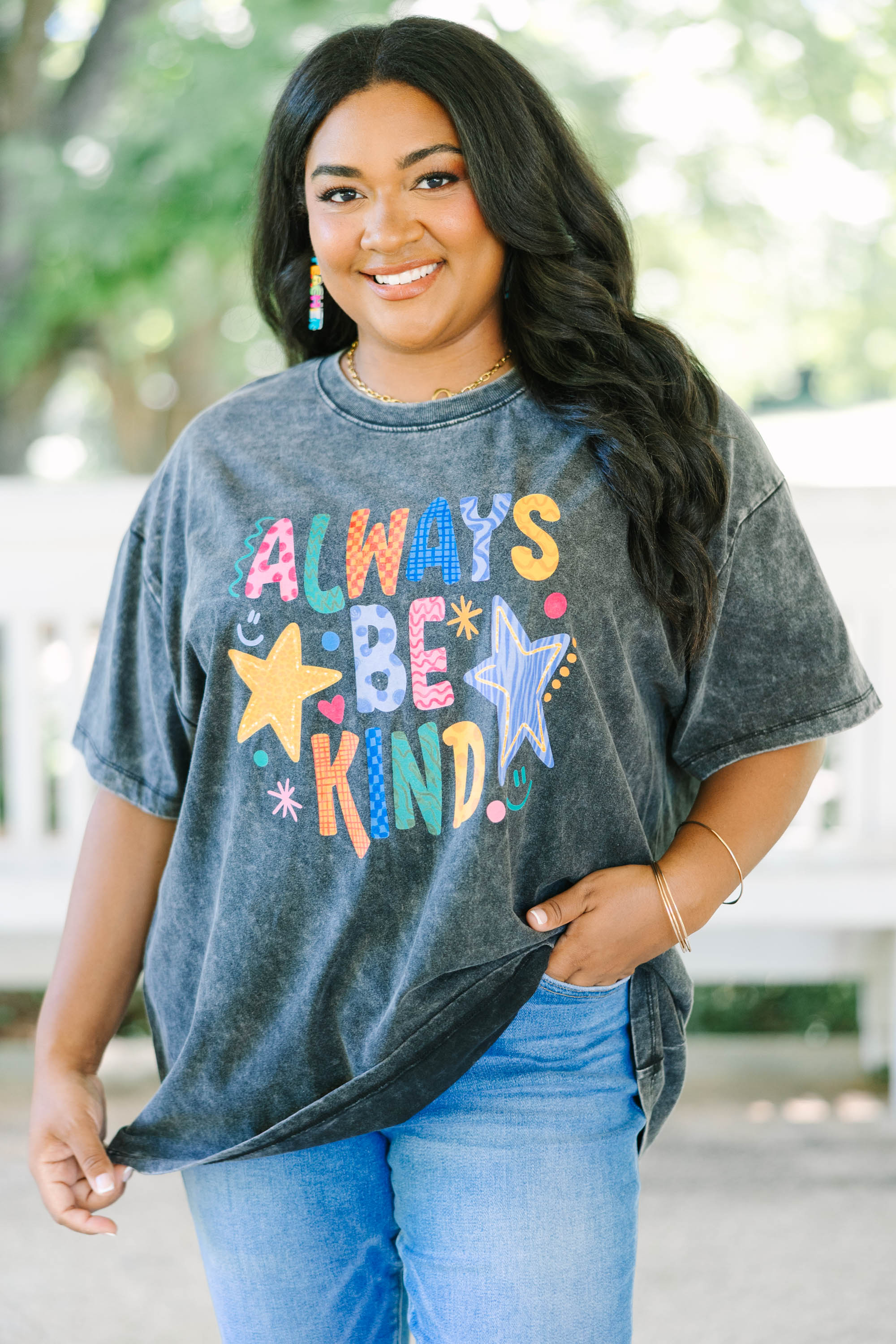 Always Be Kind Acid Wash Relaxed Tee, Black
