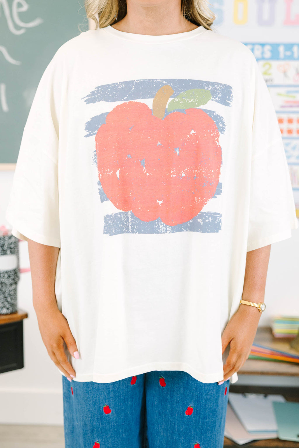 Apple for Teacher Boyfriend Tee, Ivory