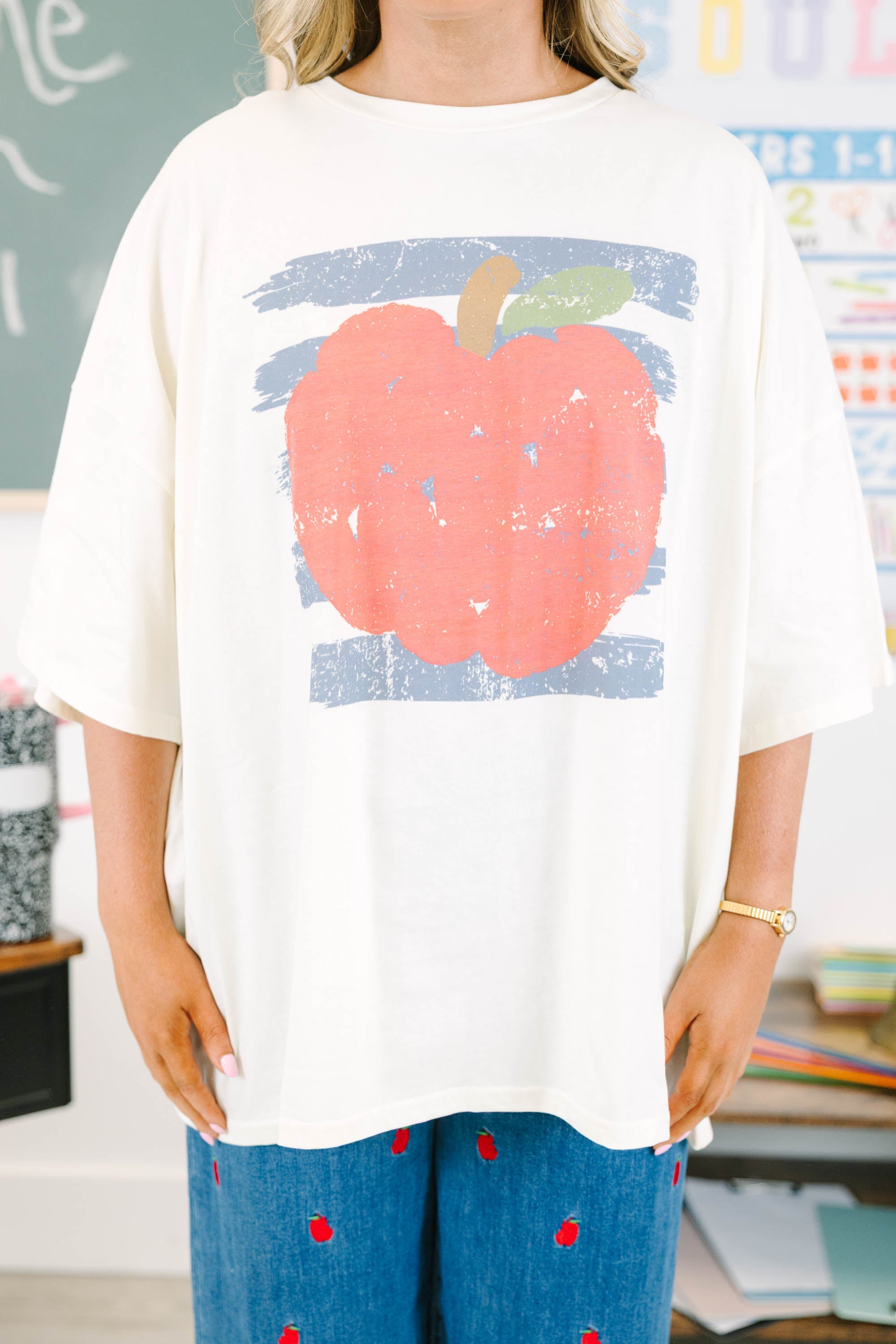 Apple for Teacher Boyfriend Tee, Ivory