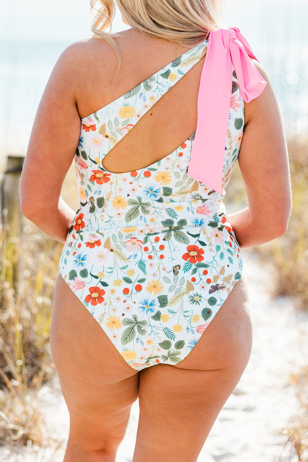 Beach Daydreamin' Swimsuit, Blue Floral With Pink Bow