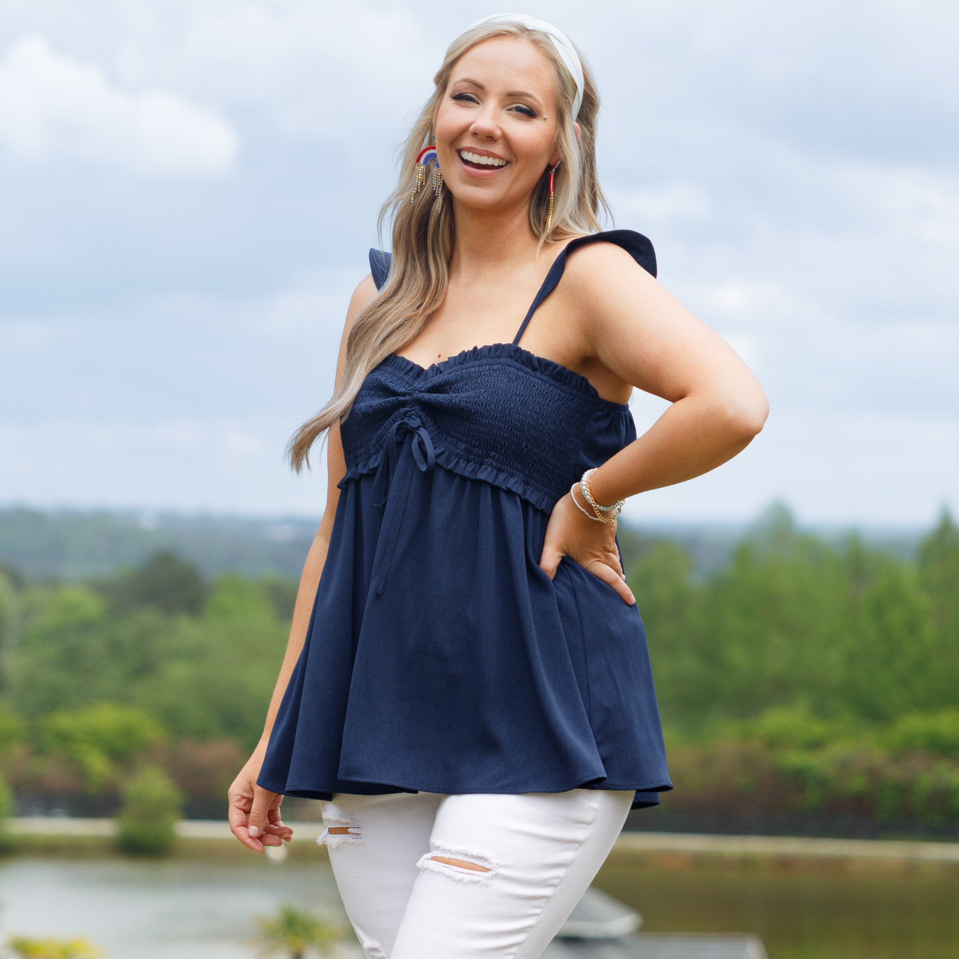 Blossoming Flower Top, Navy