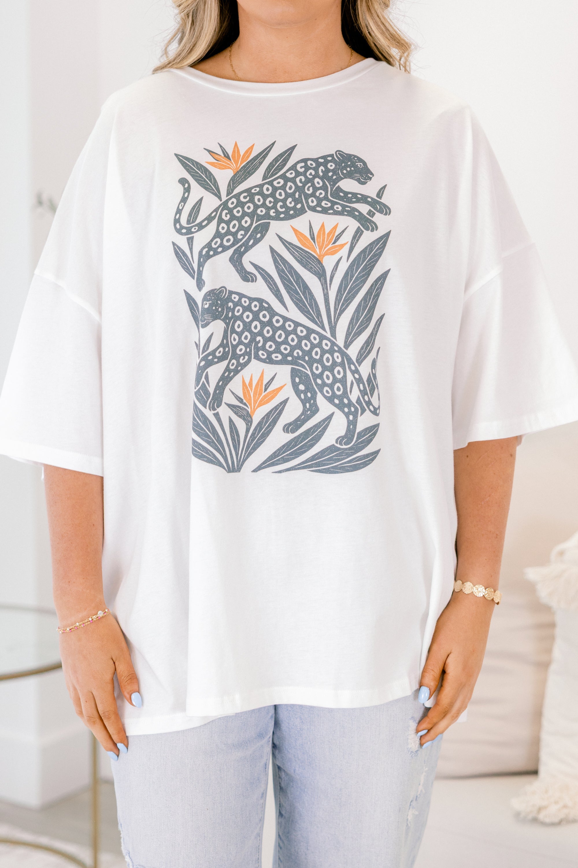 Boho Cheetah Boyfriend Tee, White