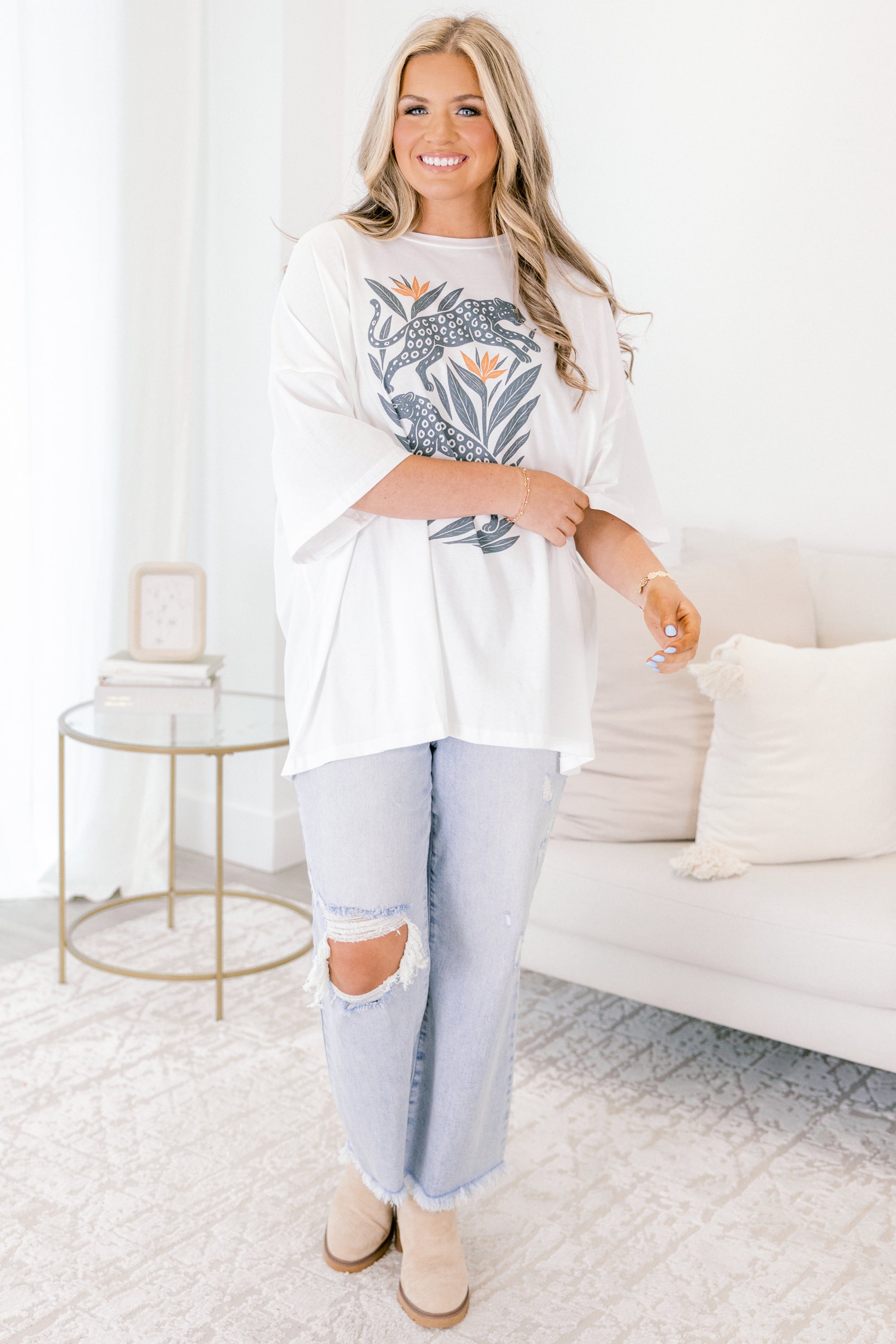 Boho Cheetah Boyfriend Tee, White