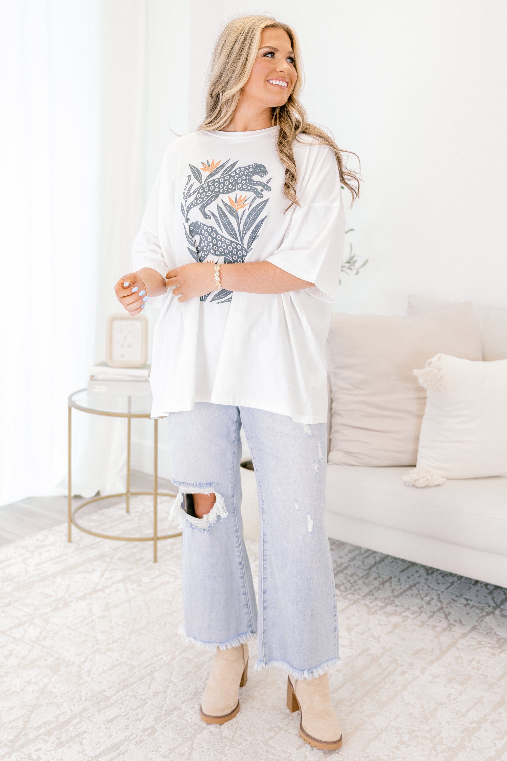 Boho Cheetah Boyfriend Tee, White