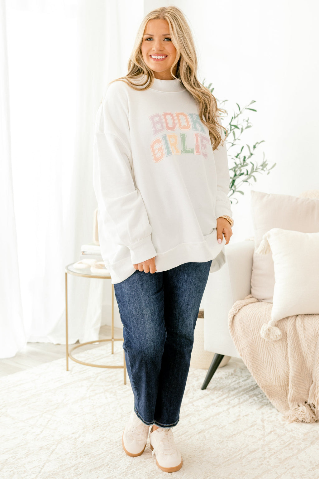 Book Girlie Mock Neck Pullover, Ivory