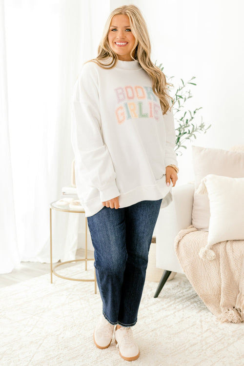 Book Girlie Mock Neck Pullover, Ivory