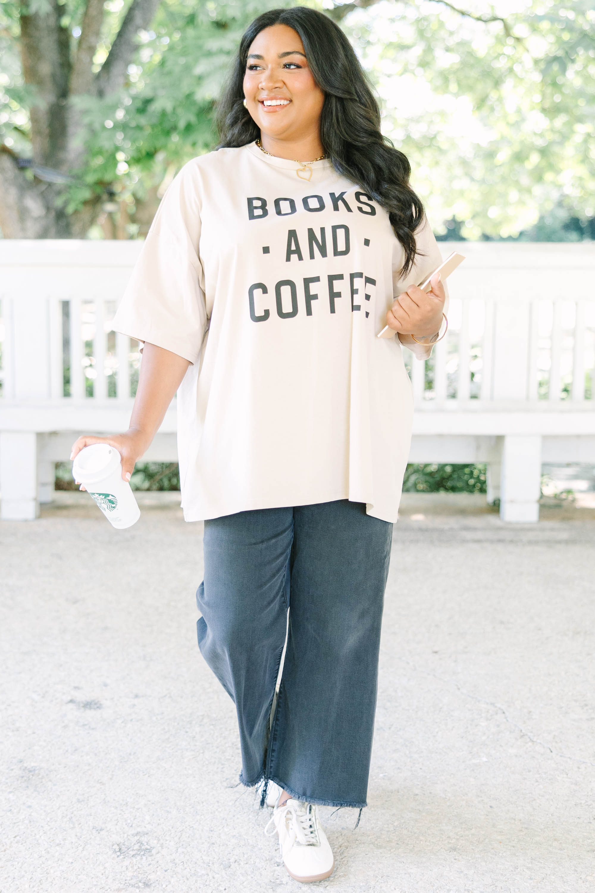 Books And Coffee Boyfriend Tee, Light Mocha