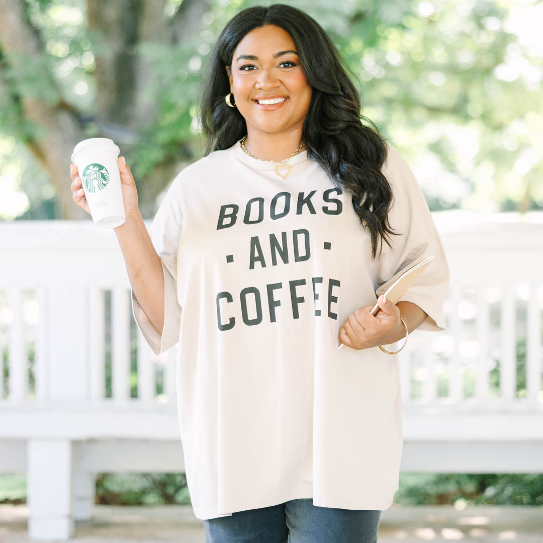Books And Coffee Boyfriend Tee, Light Mocha