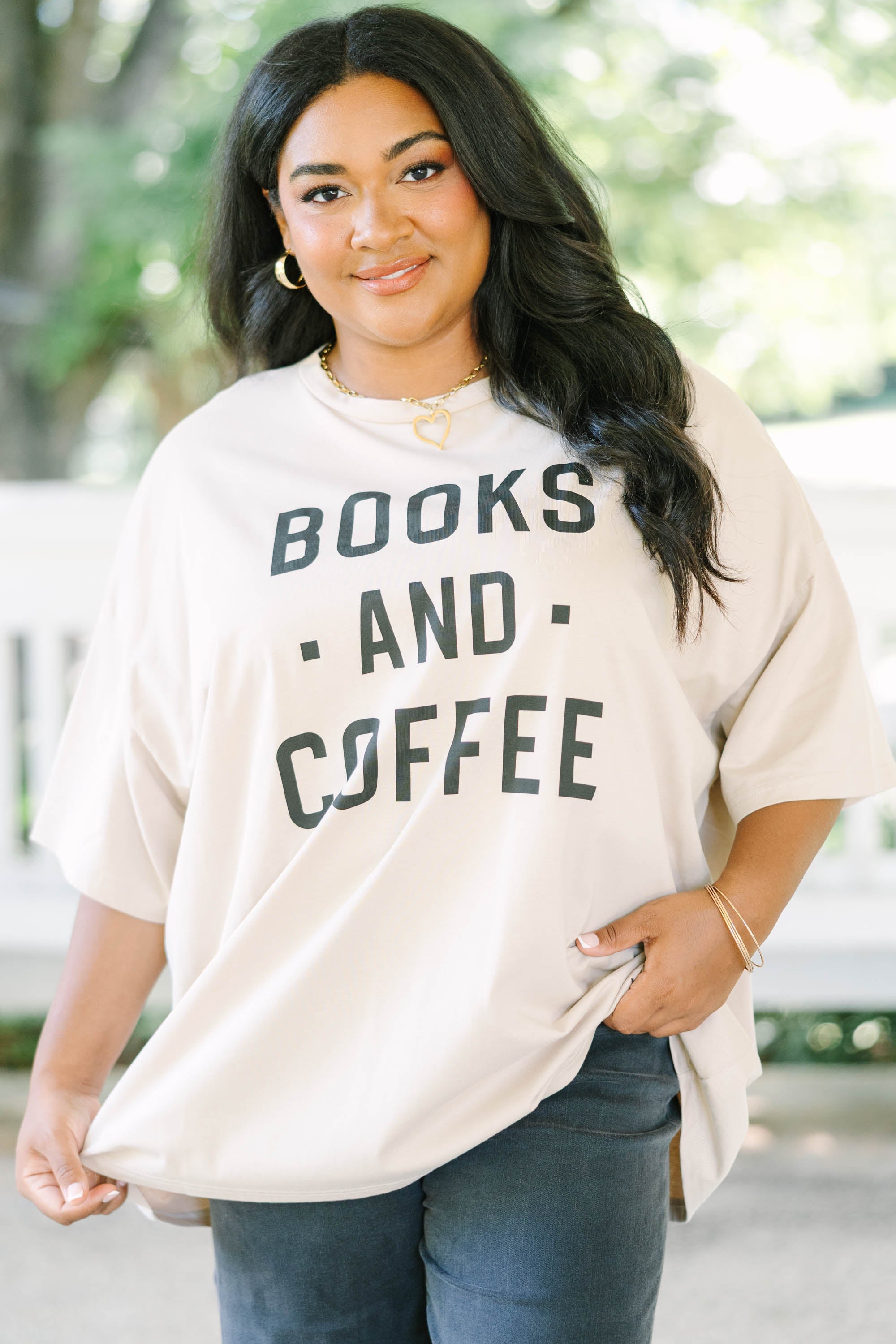 Books And Coffee Boyfriend Tee, Light Mocha