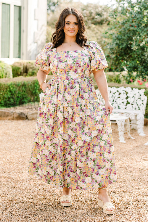 Botanical Beauty Queen Dress, Purple Multi