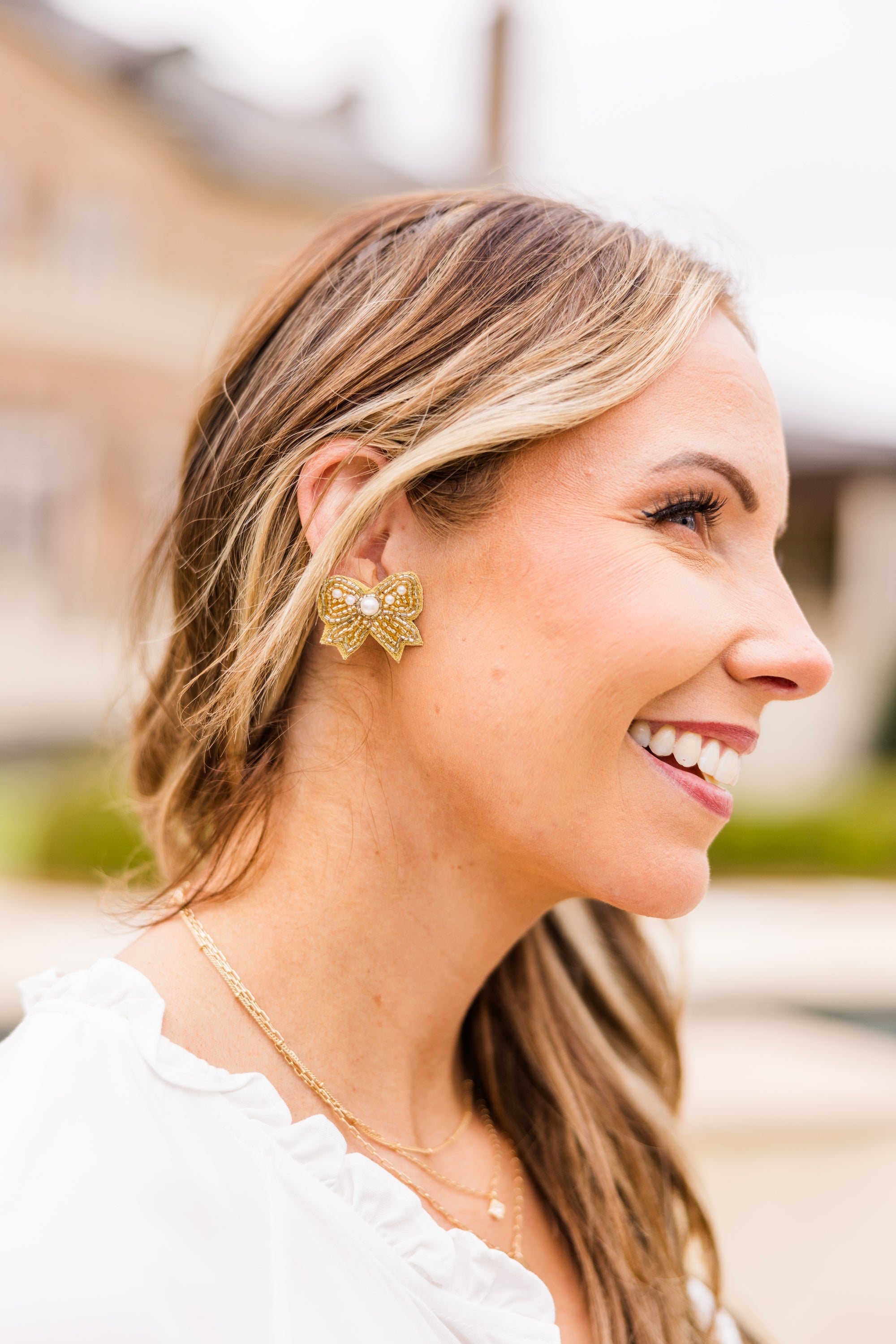 Bowdacious Pearl Earrings, Gold
