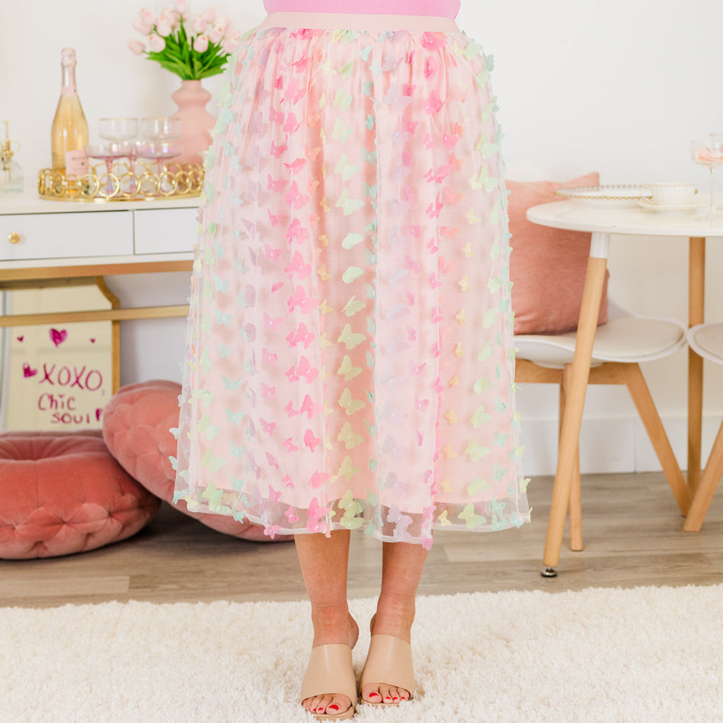 Butterfly Magic Midi Skirt, Pink