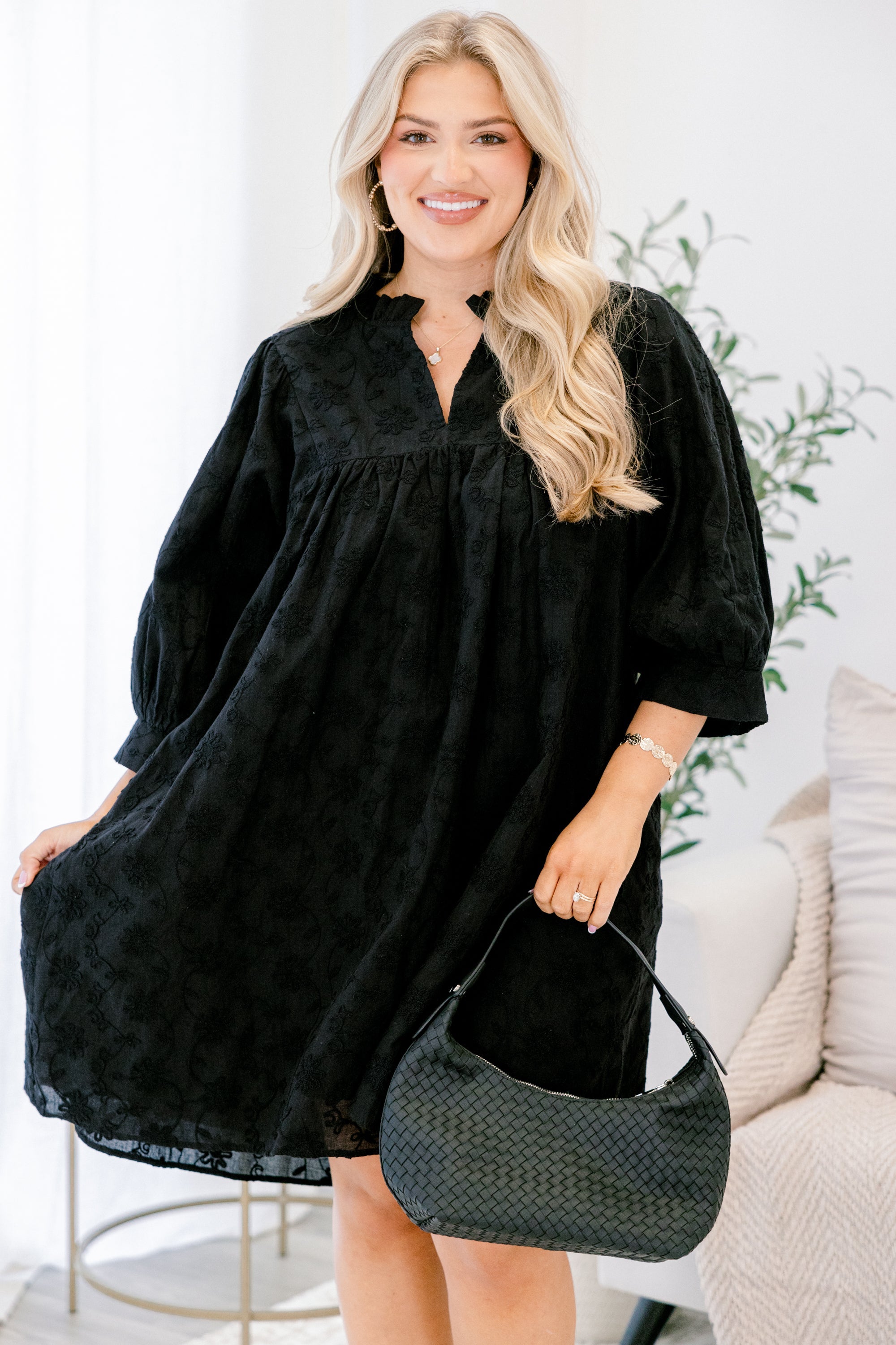 Can't Be Held Down Dress, Black Embroidery