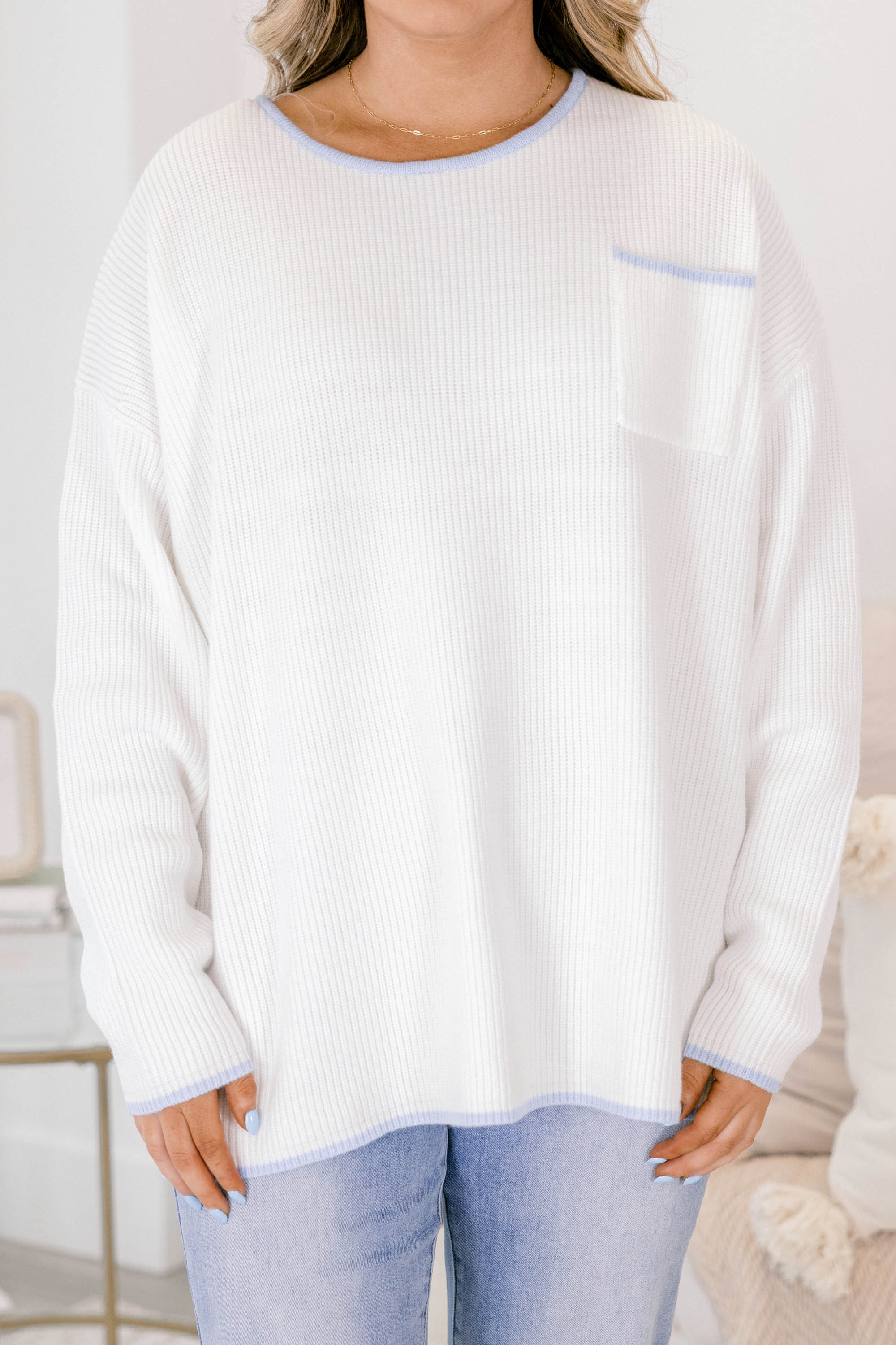 Can't Keep Going Sweater, Ivory-Blue