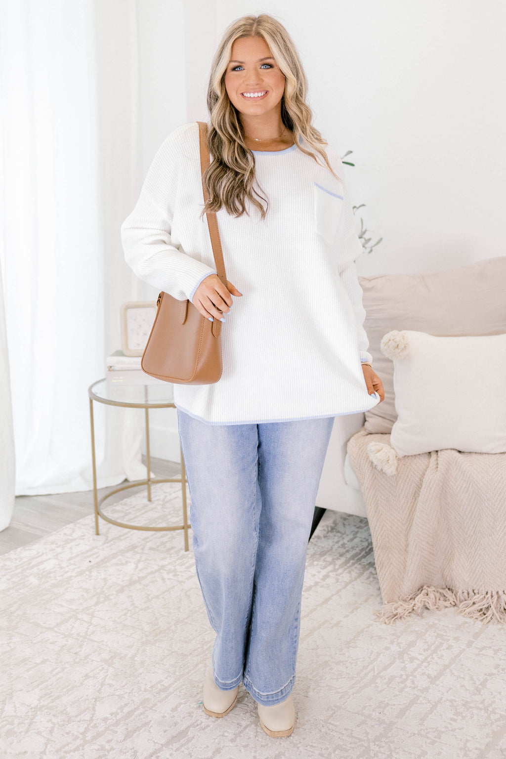 Can't Keep Going Sweater, Ivory-Blue