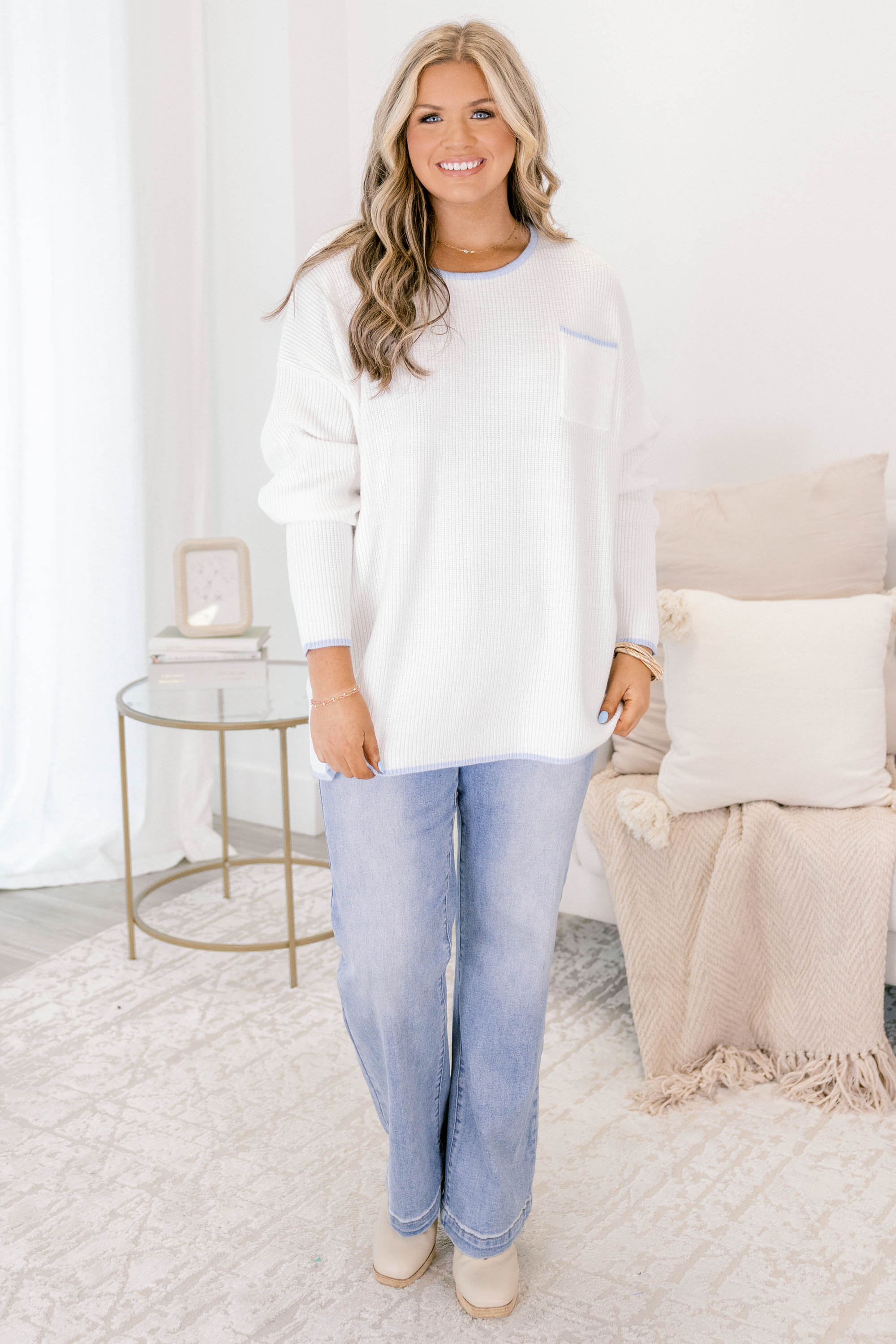 Can't Keep Going Sweater, Ivory-Blue