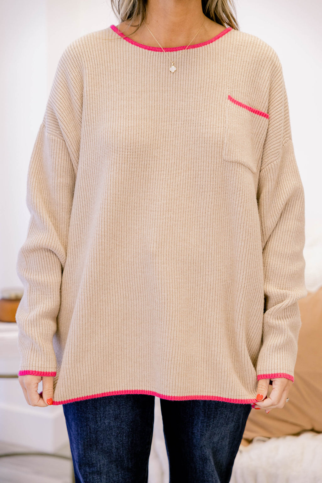 Can't Keep Going Sweater, Taupe-Pink
