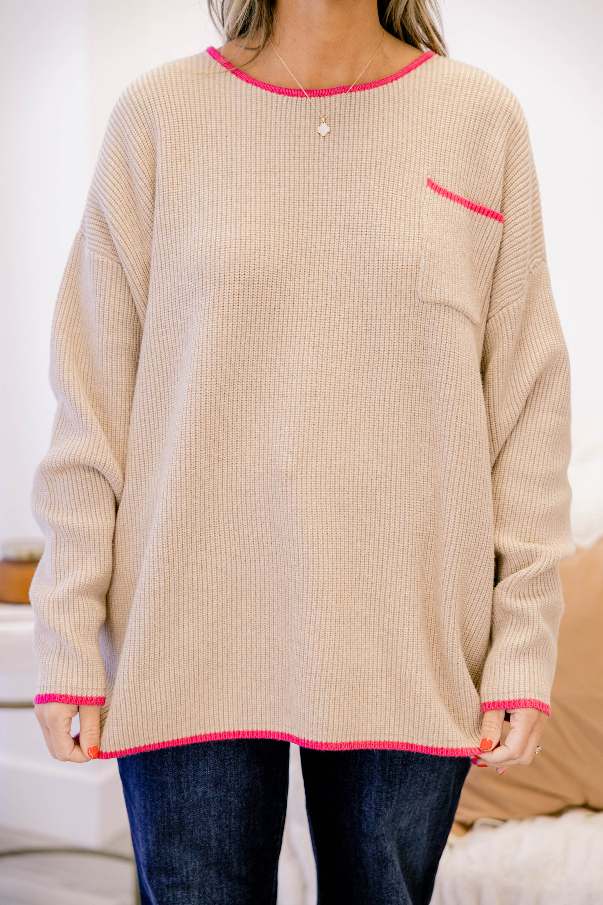 Can't Keep Going Sweater, Taupe-Pink