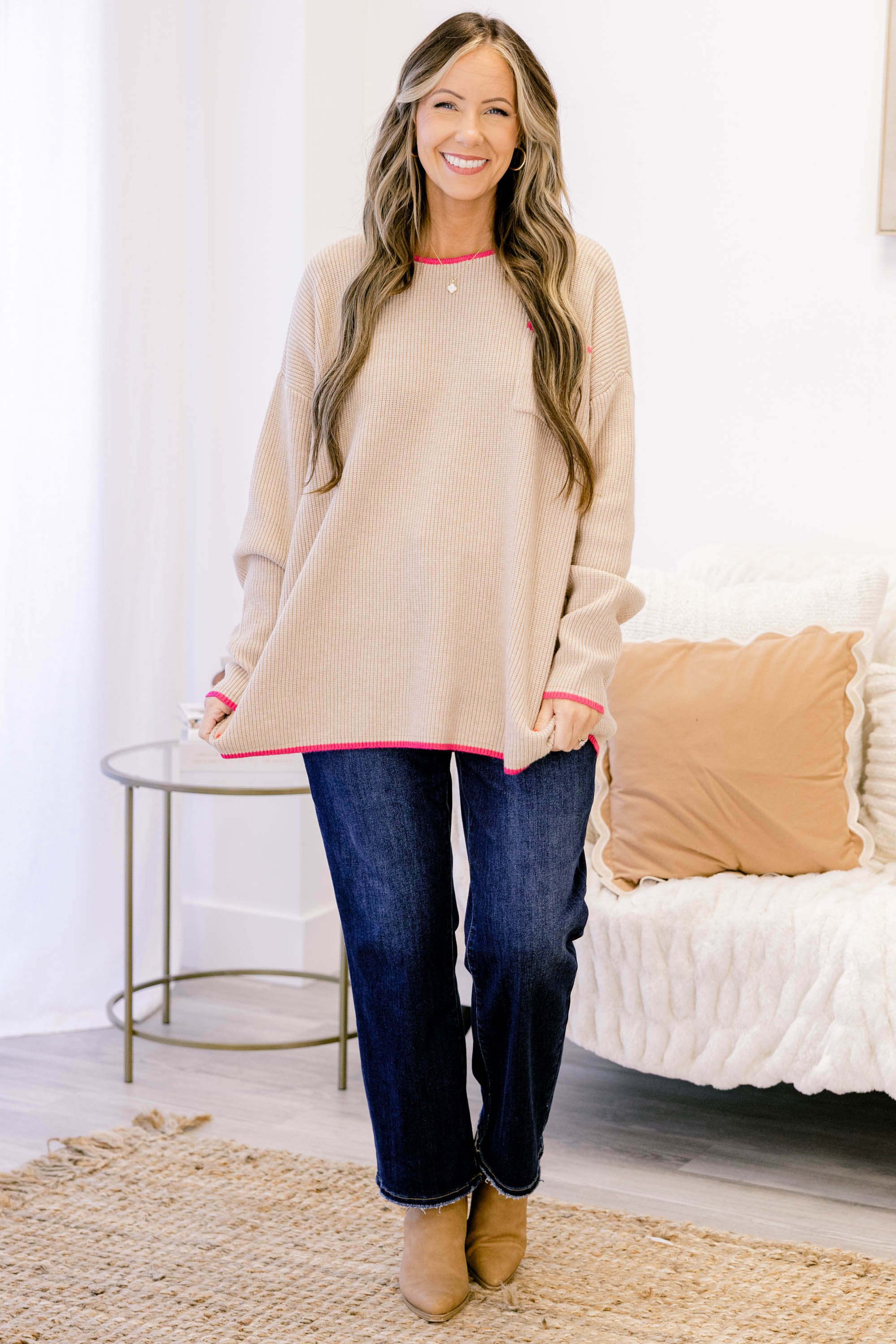 Can't Keep Going Sweater, Taupe-Pink