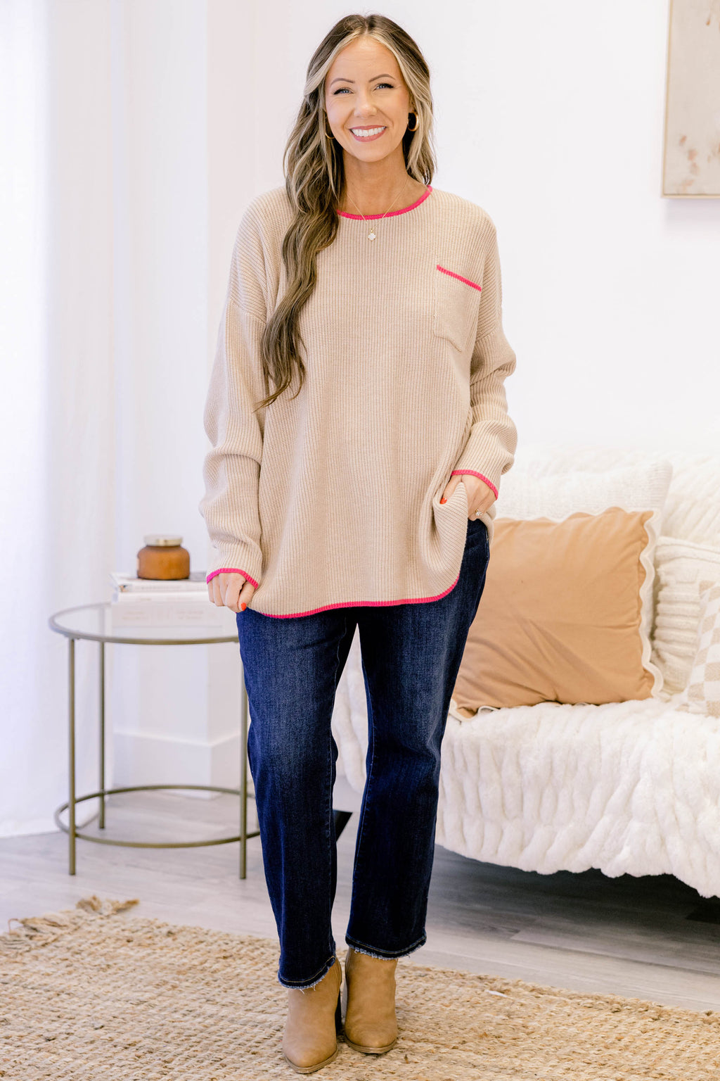 Can't Keep Going Sweater, Taupe-Pink