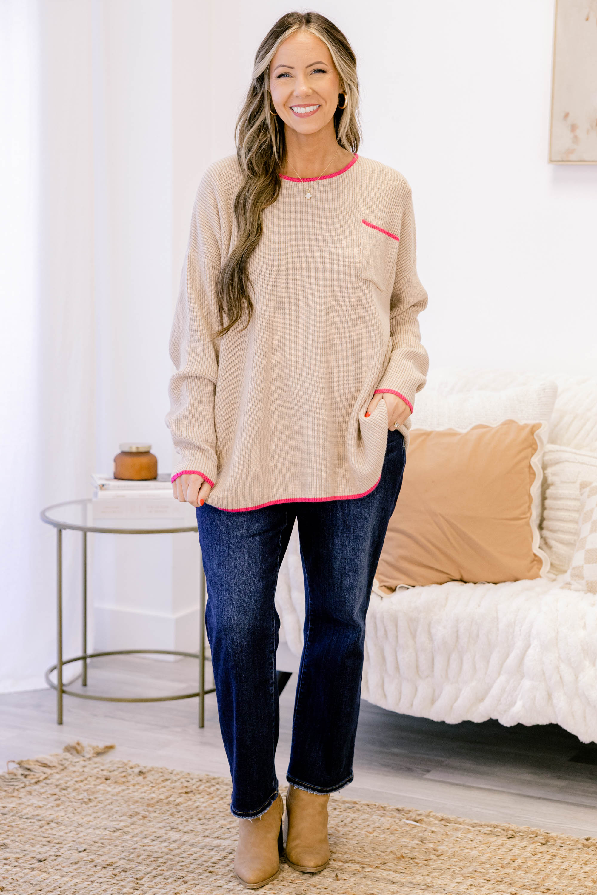 Can't Keep Going Sweater, Taupe-Pink
