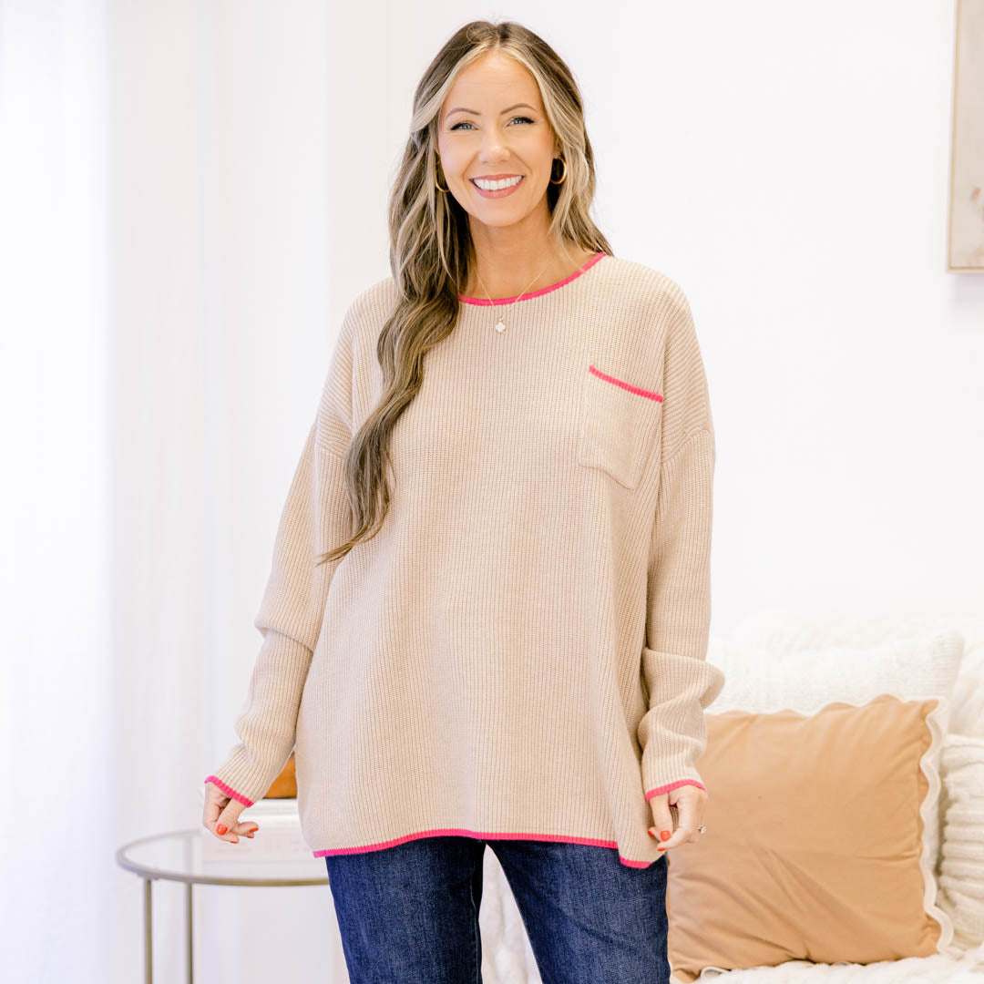 Can't Keep Going Sweater, Taupe-Pink
