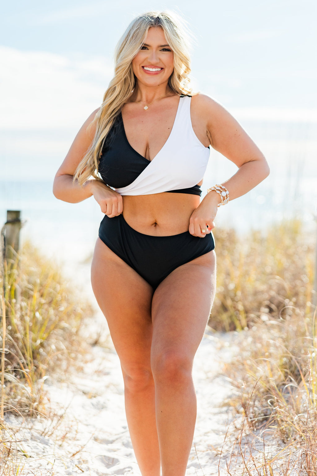 Catch Flights Swim Top, Black/White