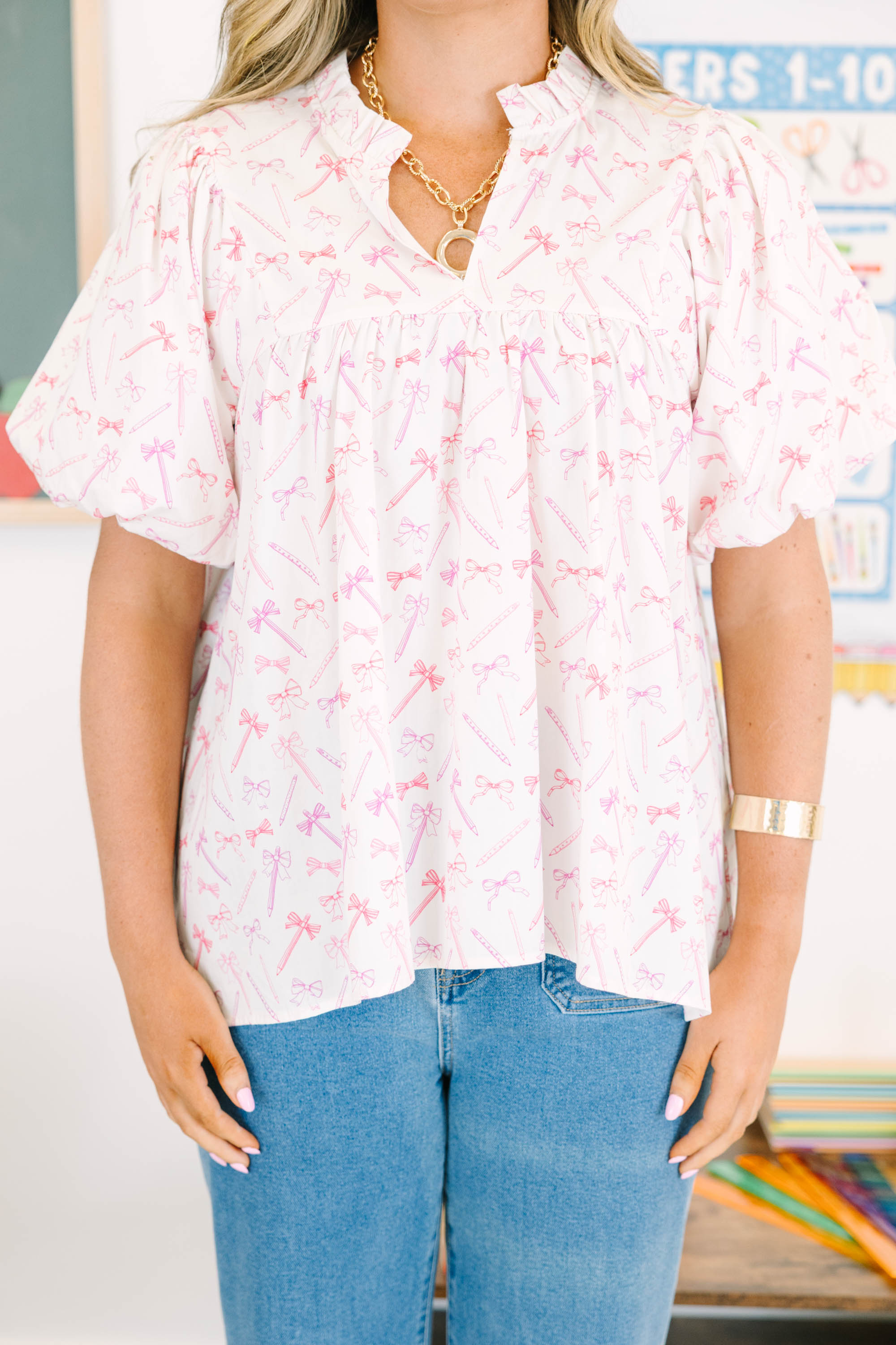 Cheerful Charm Top, Pink Pencil Toile