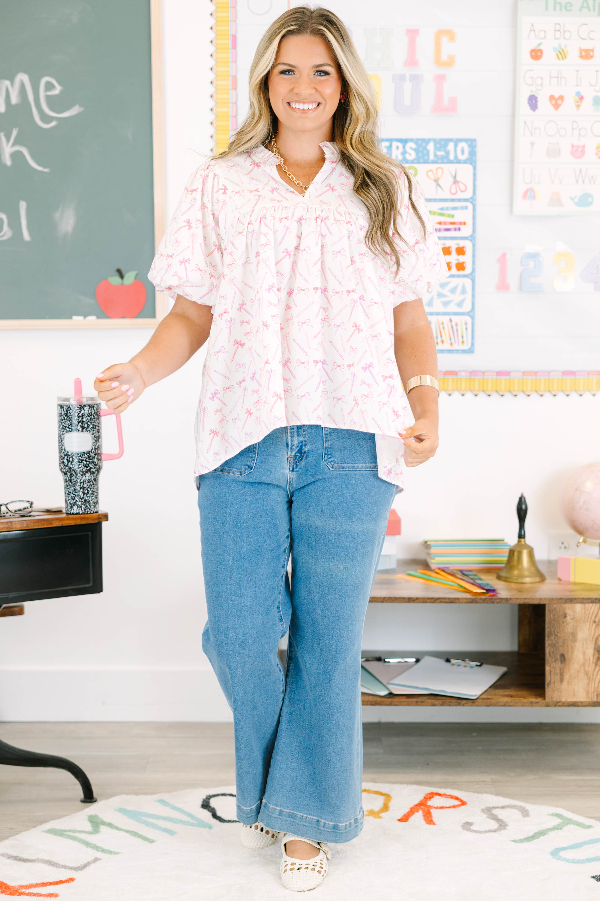 Cheerful Charm Top, Pink Pencil Toile