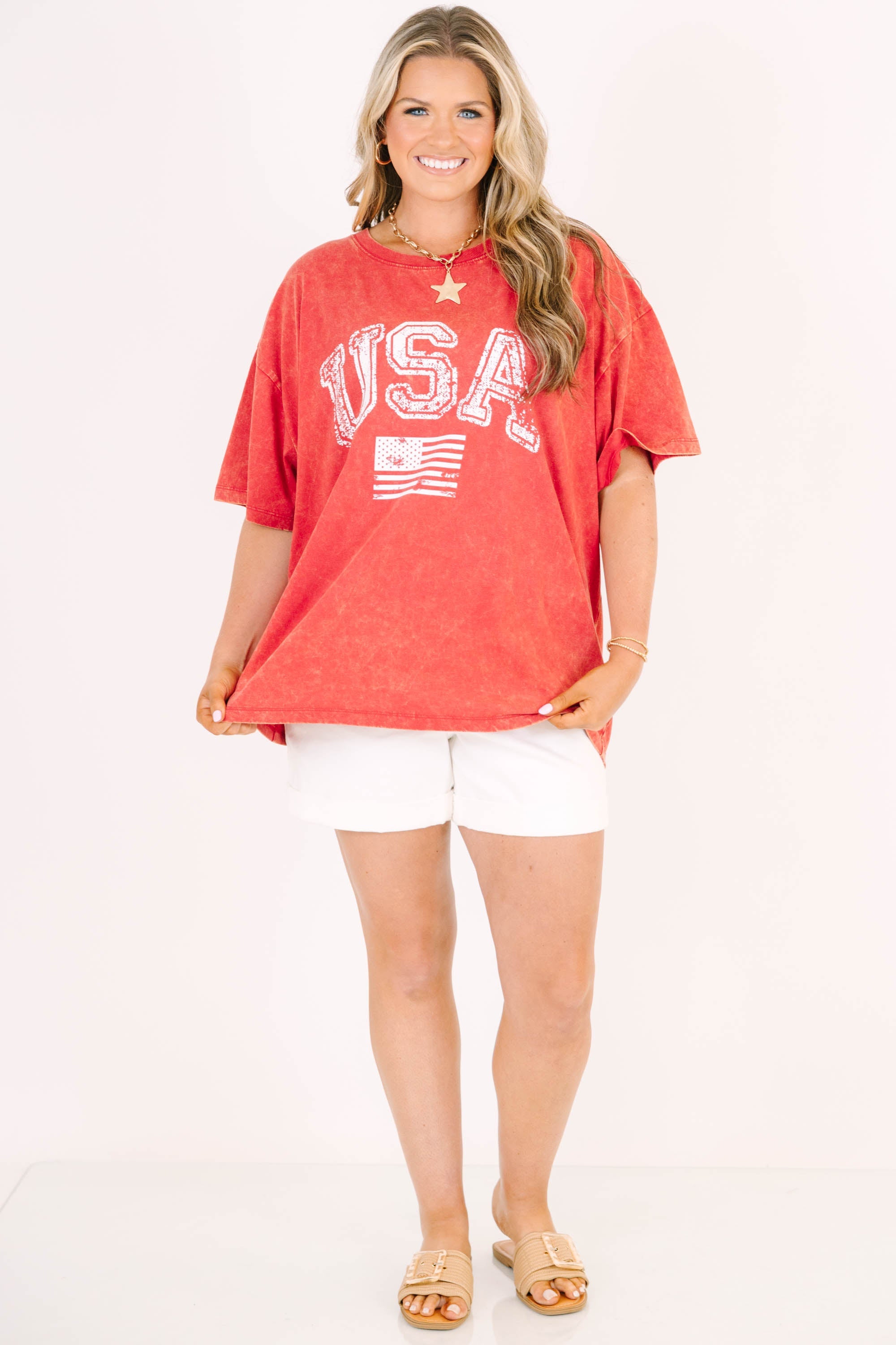 Classic American Acid Wash Relaxed Tee, Dark Red