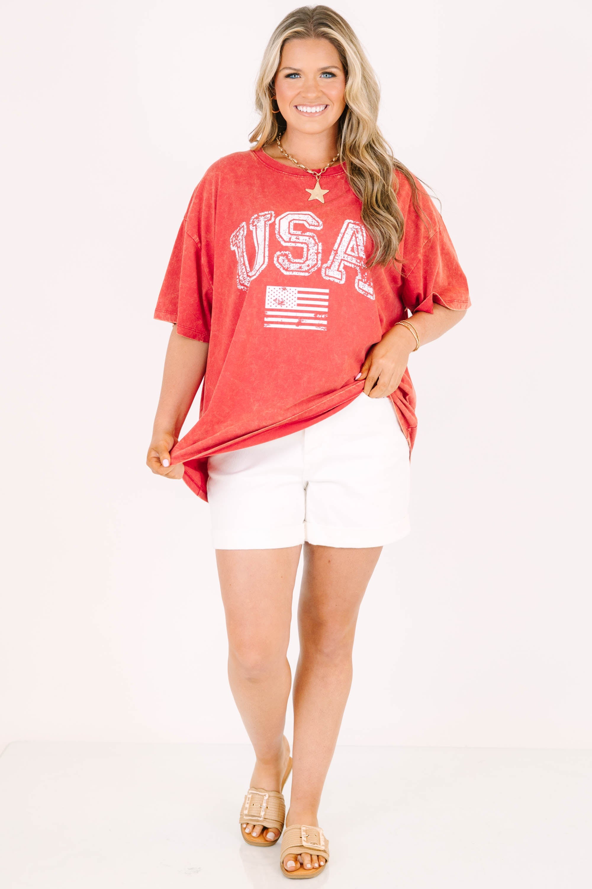 Classic American Acid Wash Relaxed Tee, Dark Red