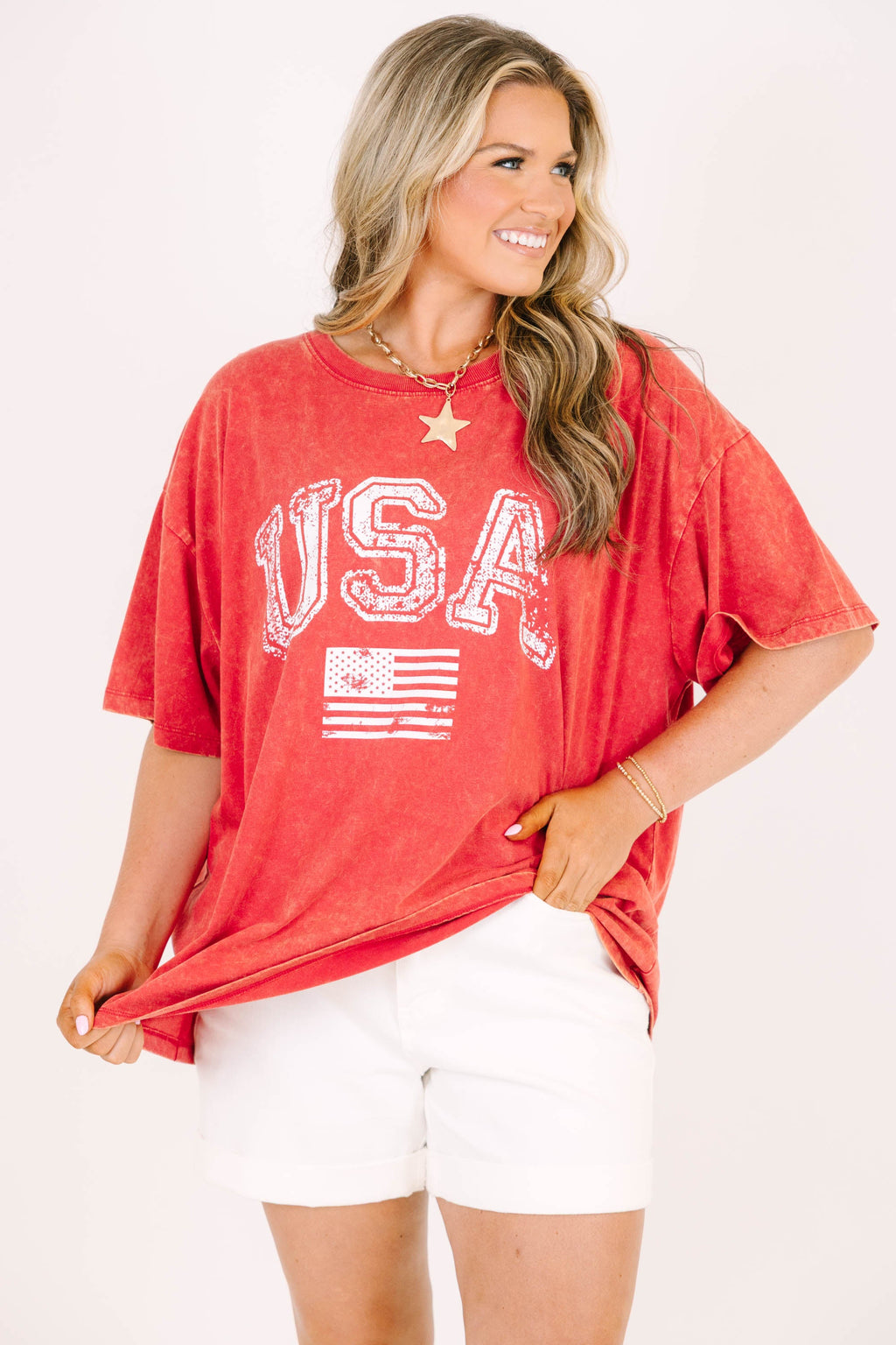 Classic American Acid Wash Relaxed Tee, Dark Red
