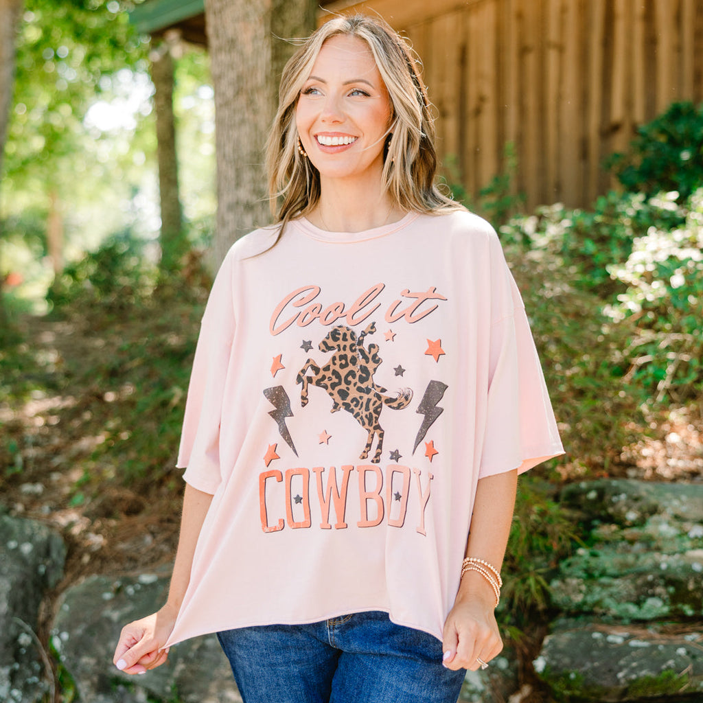 Cool it Cowboy Vintage Wash Tee, Blush Pink