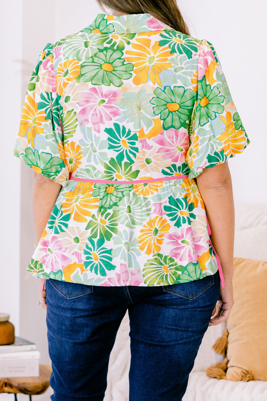 Counting Blossoms Top, Green Floral