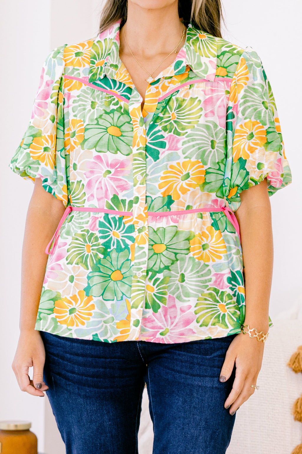 Counting Blossoms Top, Green Floral