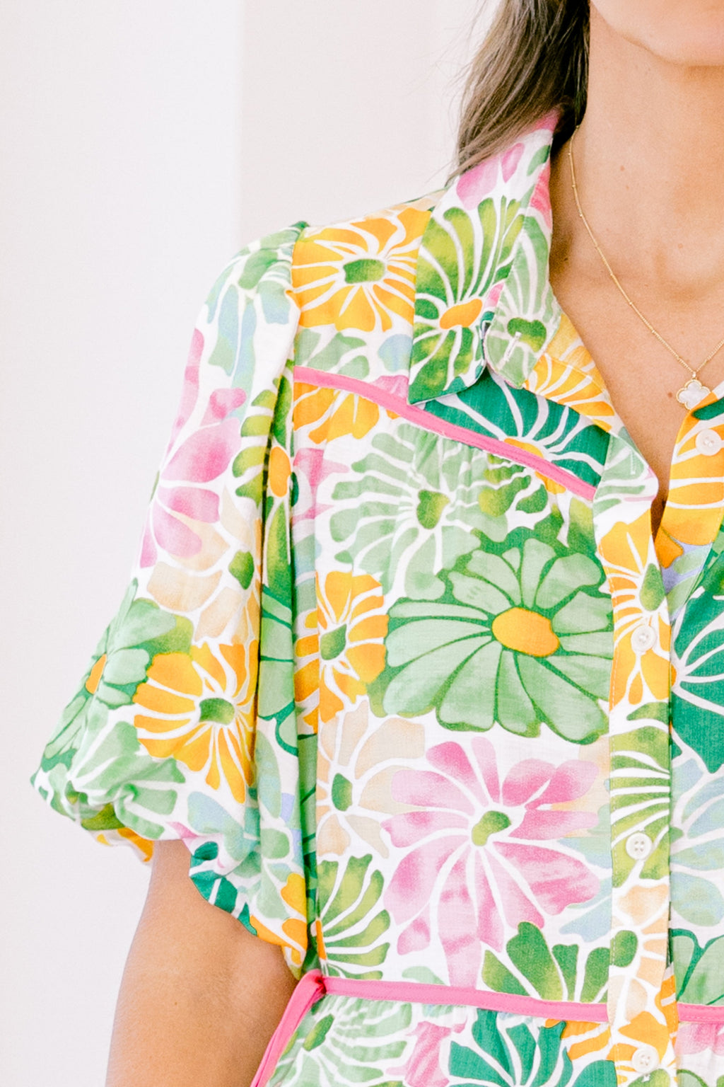 Counting Blossoms Top, Green Floral