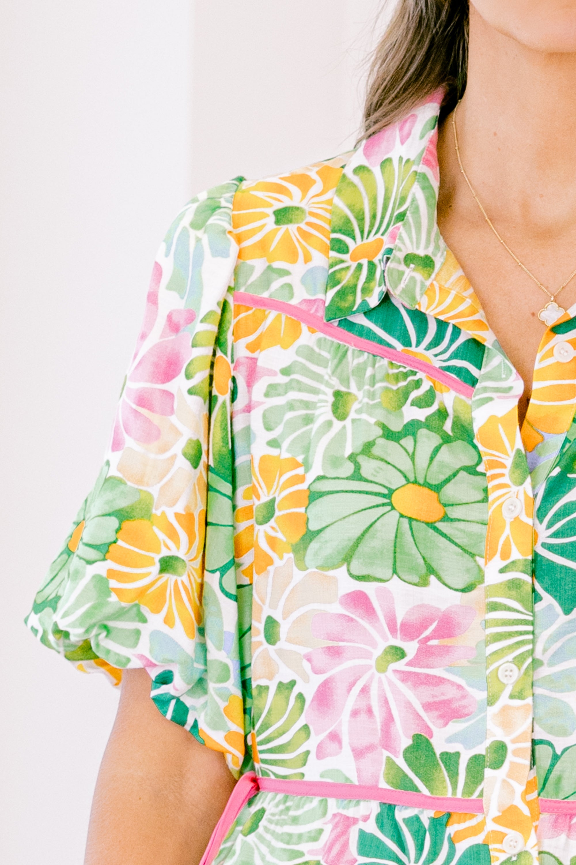 Counting Blossoms Top, Green Floral