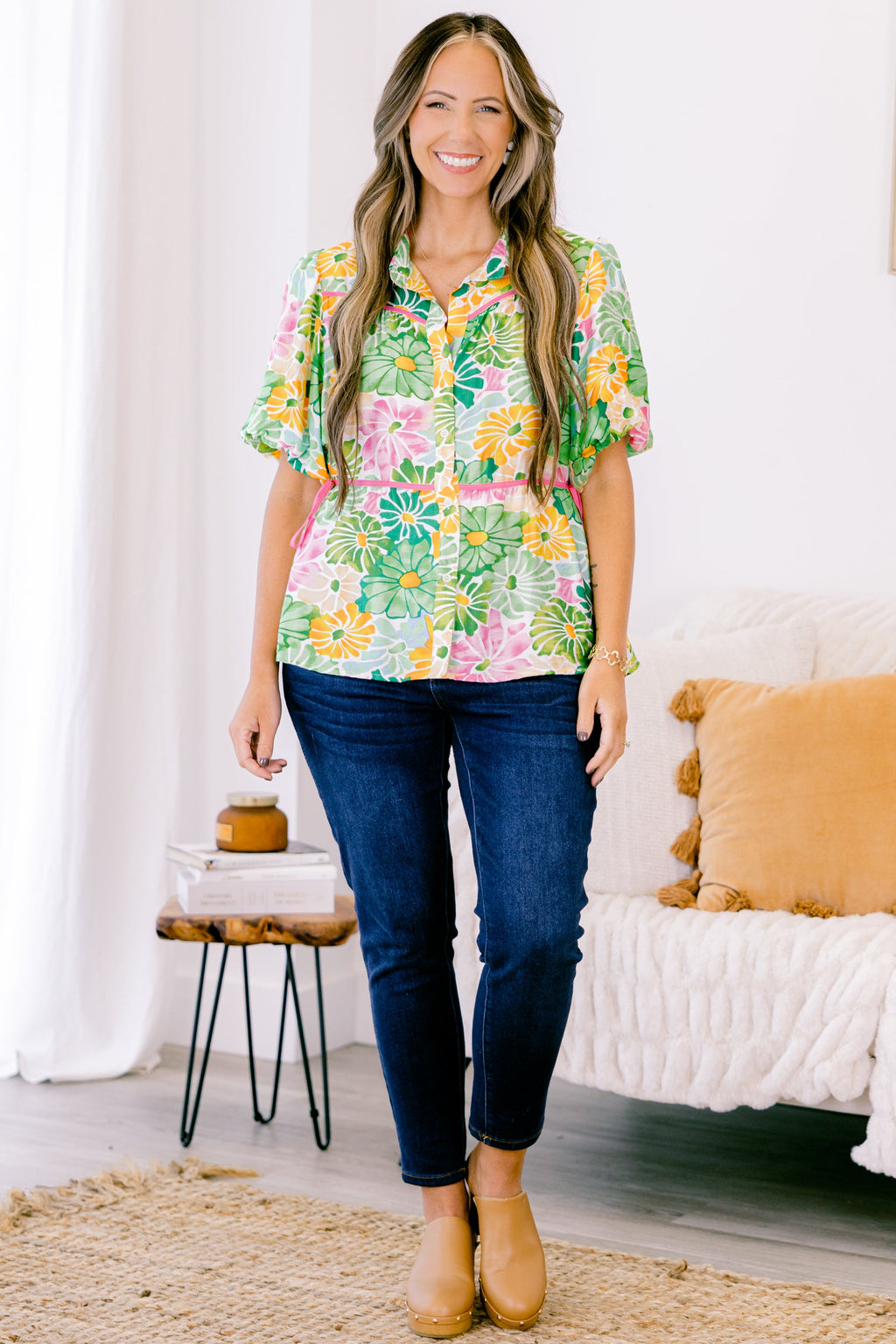 Counting Blossoms Top, Green Floral