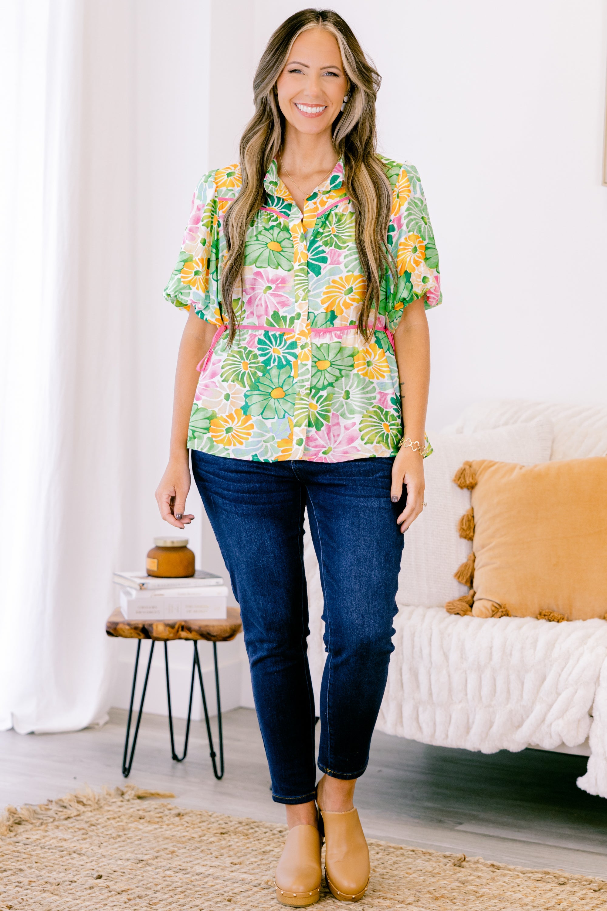 Counting Blossoms Top, Green Floral