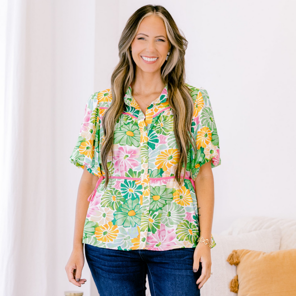 Counting Blossoms Top, Green Floral