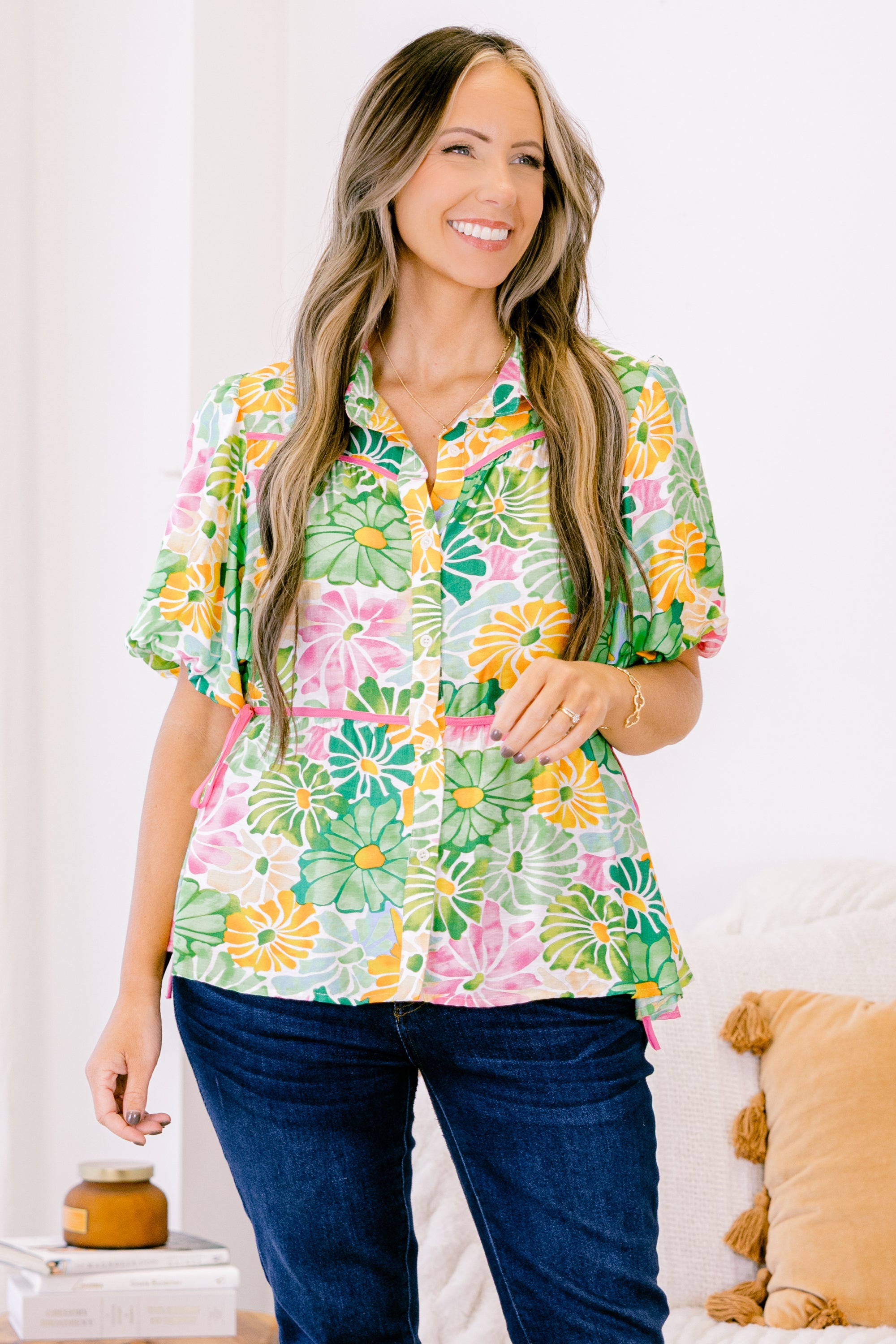 Counting Blossoms Top, Green Floral