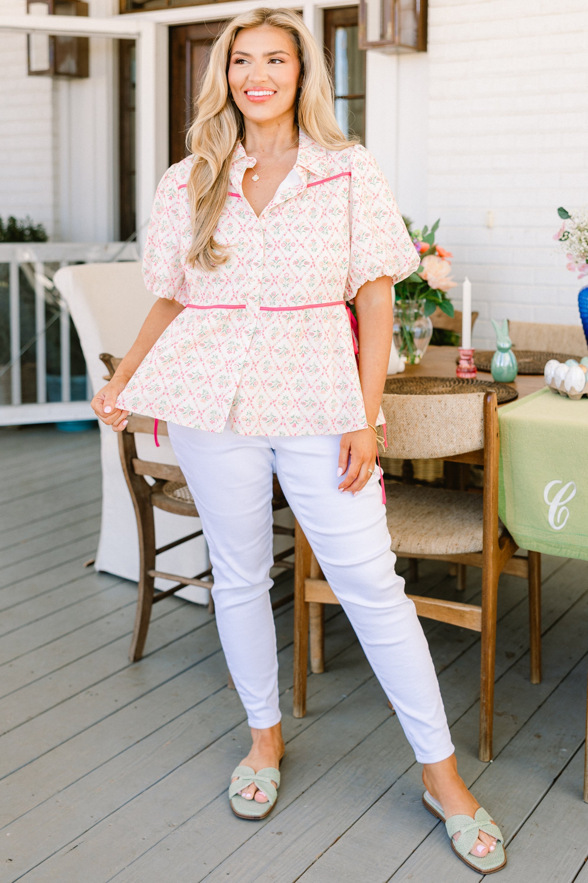 Counting Blossoms Top, Ivory Floral