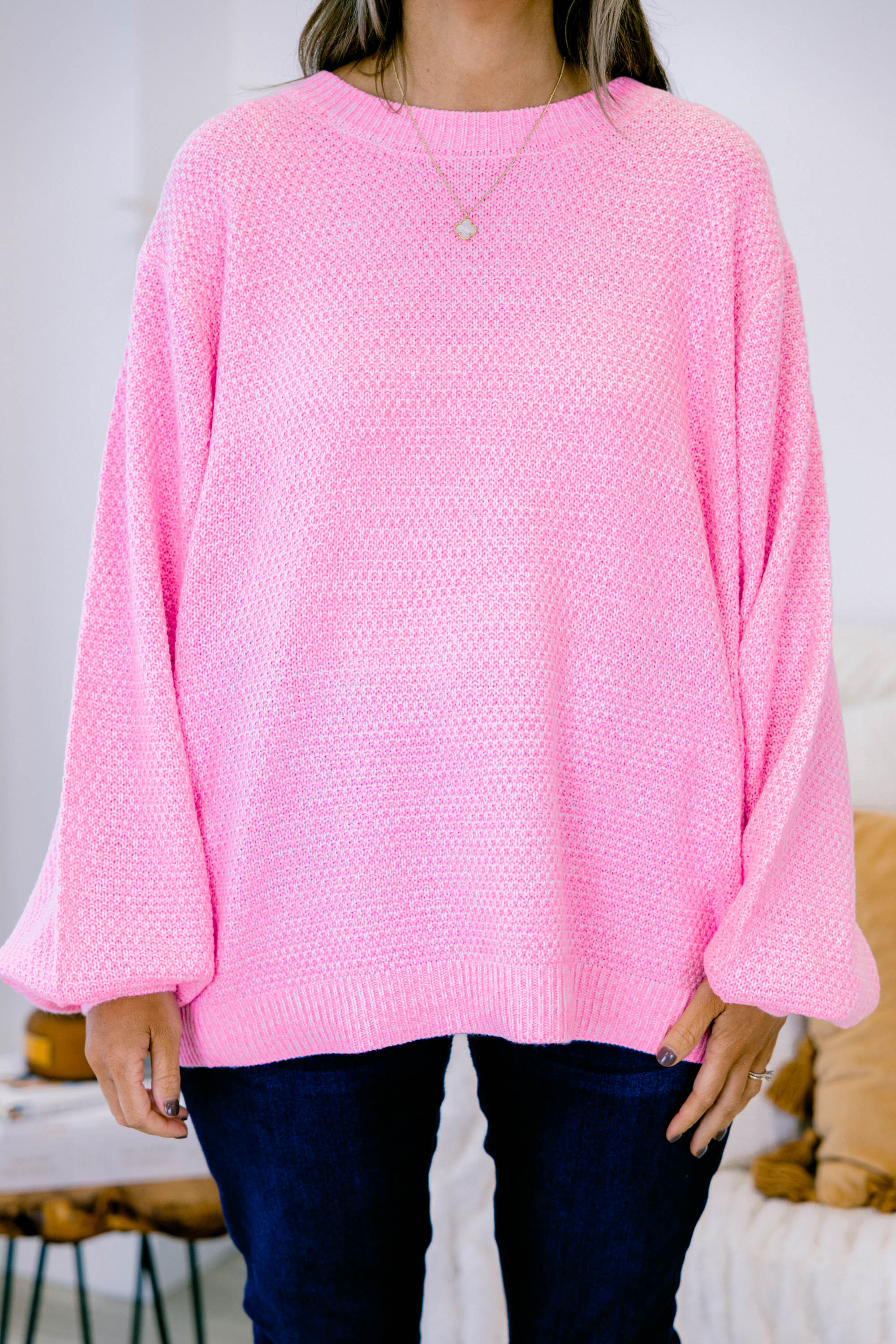 Cozy Bubble Sleeve Sweater, Spring Pink