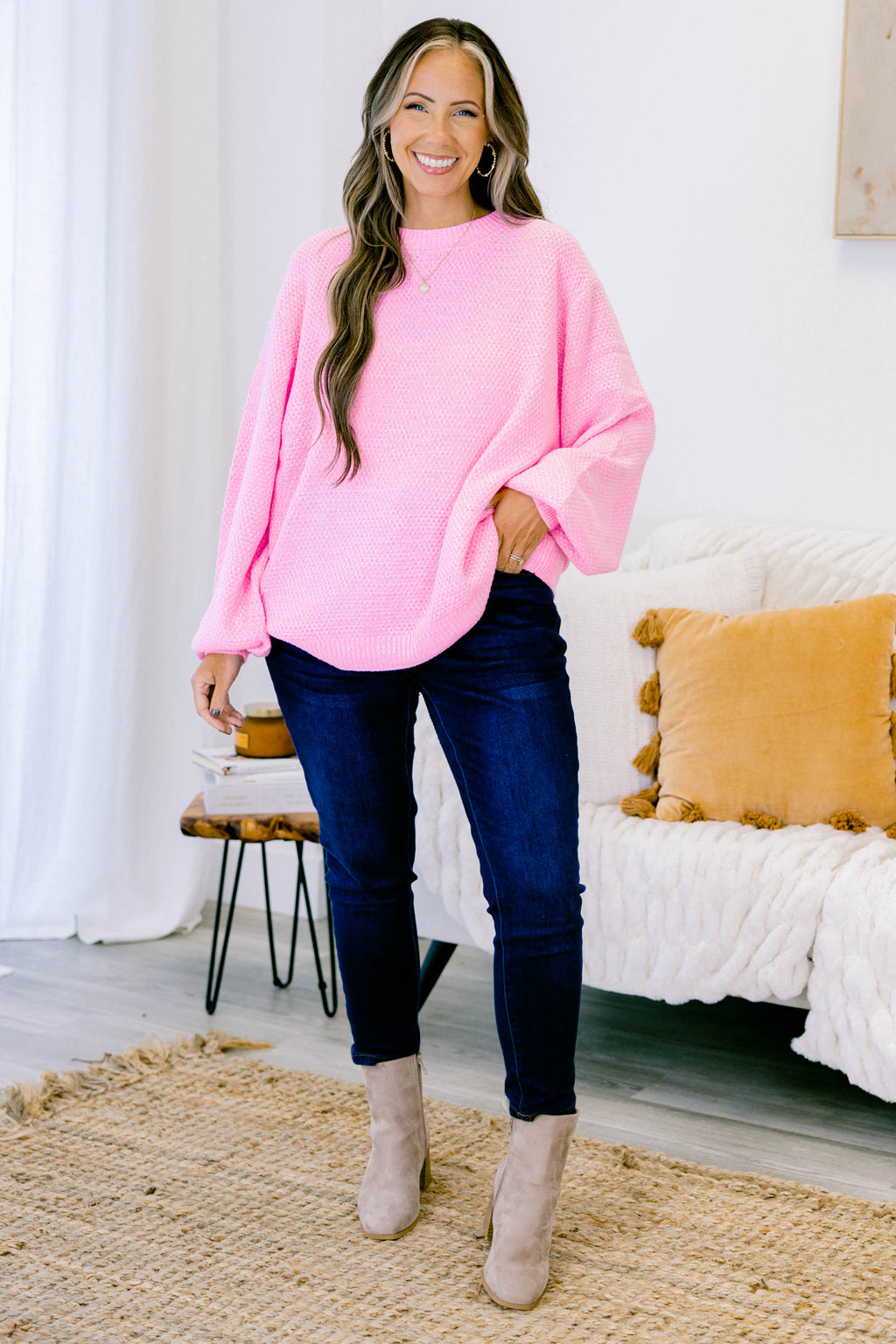 Cozy Bubble Sleeve Sweater, Spring Pink